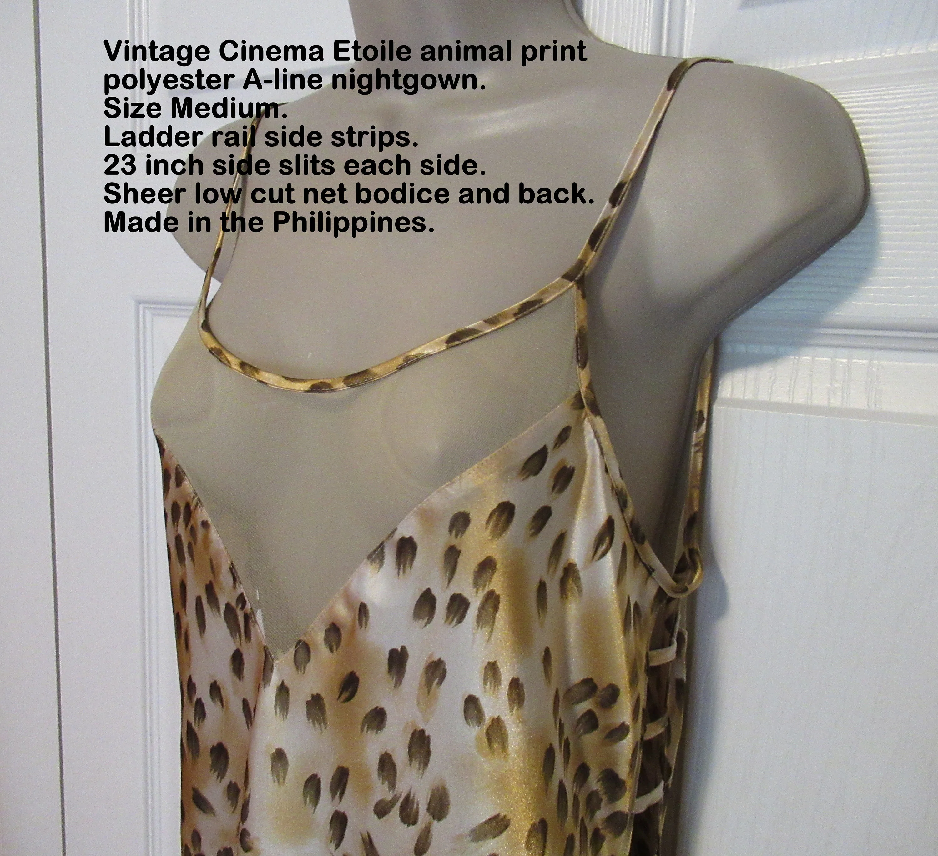 36 Bust A-Line Nightgown Cinema Etoile Animal Print Polyester, Sz Med, Ladder Rail Sides, Sheer Low Cut, Made Philippines, Spaghetti Strap - Image 2