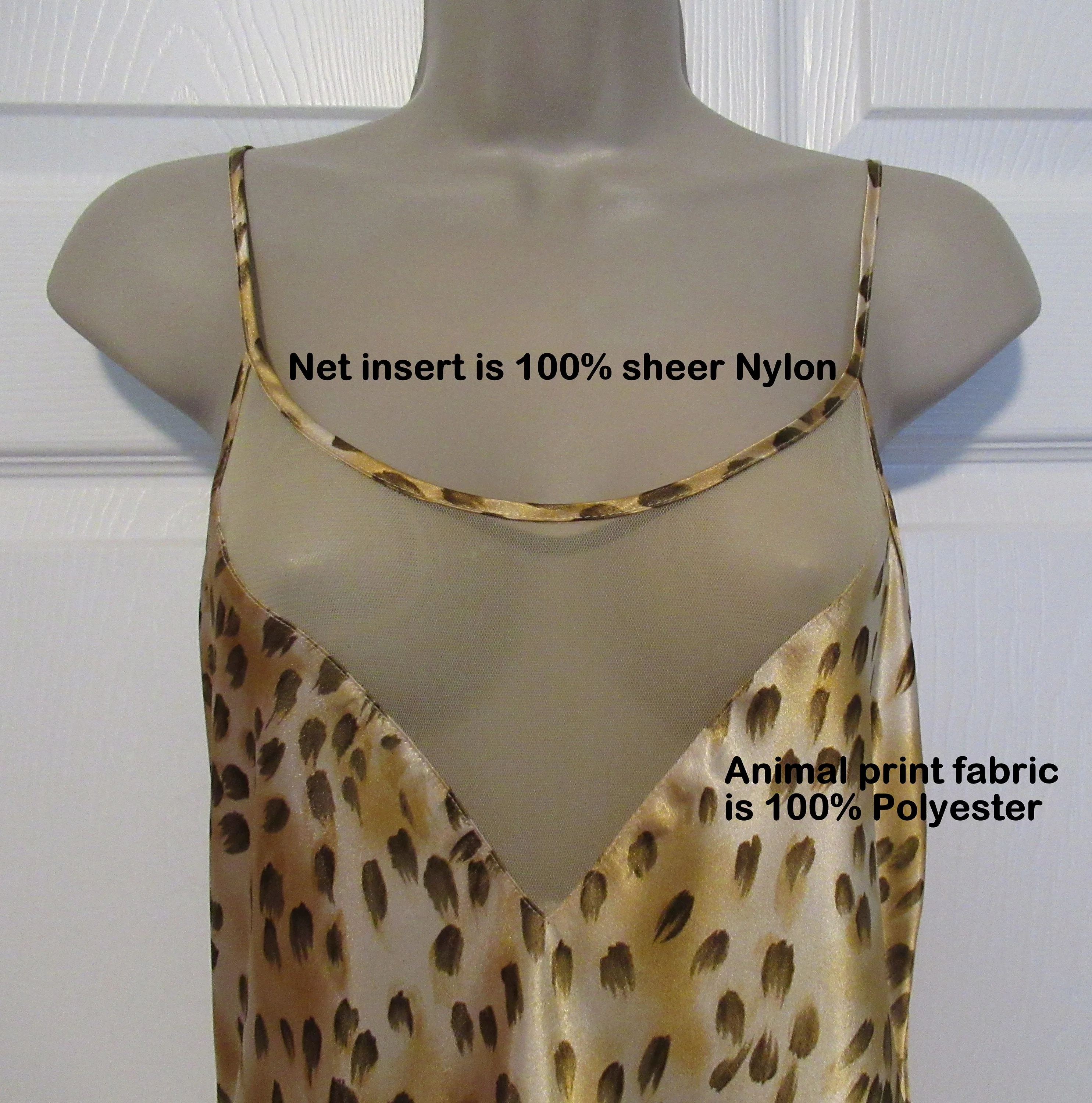 36 Bust A-Line Nightgown Cinema Etoile Animal Print Polyester, Sz Med, Ladder Rail Sides, Sheer Low Cut, Made Philippines, Spaghetti Strap - Image 6