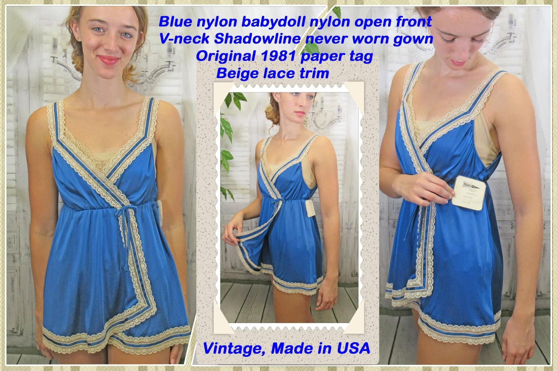 36 Bust Babydoll Nightgown Nylon Open Front V-Neck, Shadowline, Never Worn, Original 1981 Paper Tag, Beige Lace Trim, Lace Straps, Made Usa - Image 2