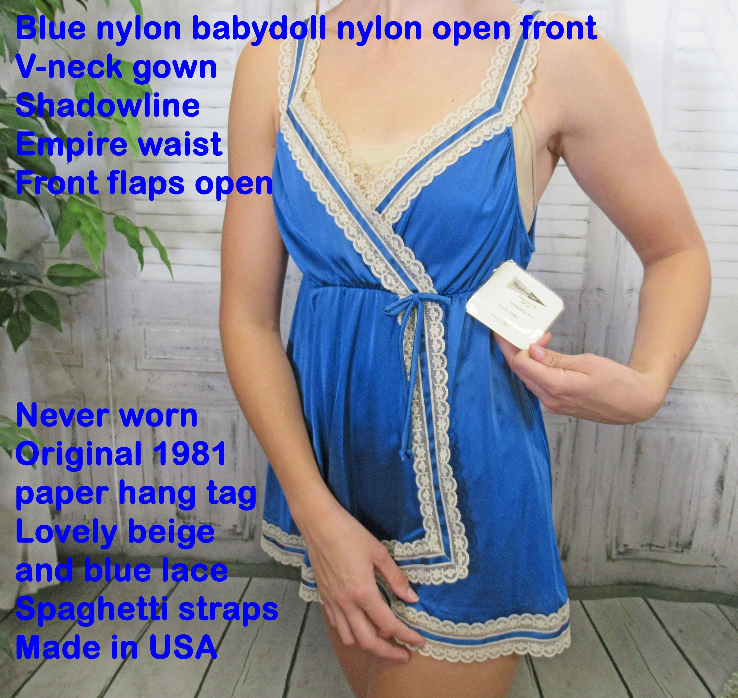 36 Bust Babydoll Nightgown Nylon Open Front V-Neck, Shadowline, Never Worn, Original 1981 Paper Tag, Beige Lace Trim, Lace Straps, Made Usa - Image 3