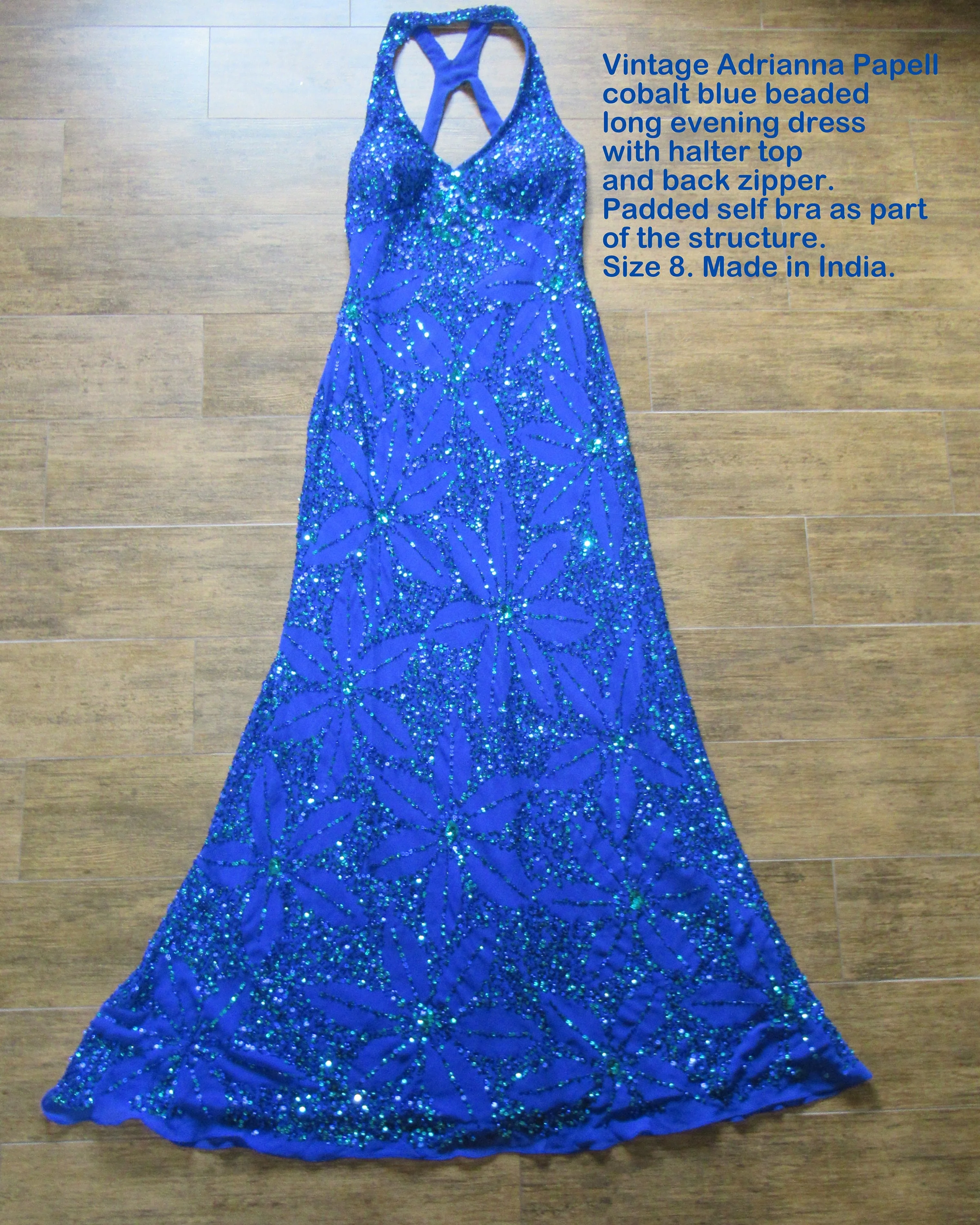 36 Bust Beaded Party Dress Adrianna Papell Evening Formal Royal Blue Diagonal Straps Bra Top Made In India Greek Goddess Sexy Vtgs!! - Image 4