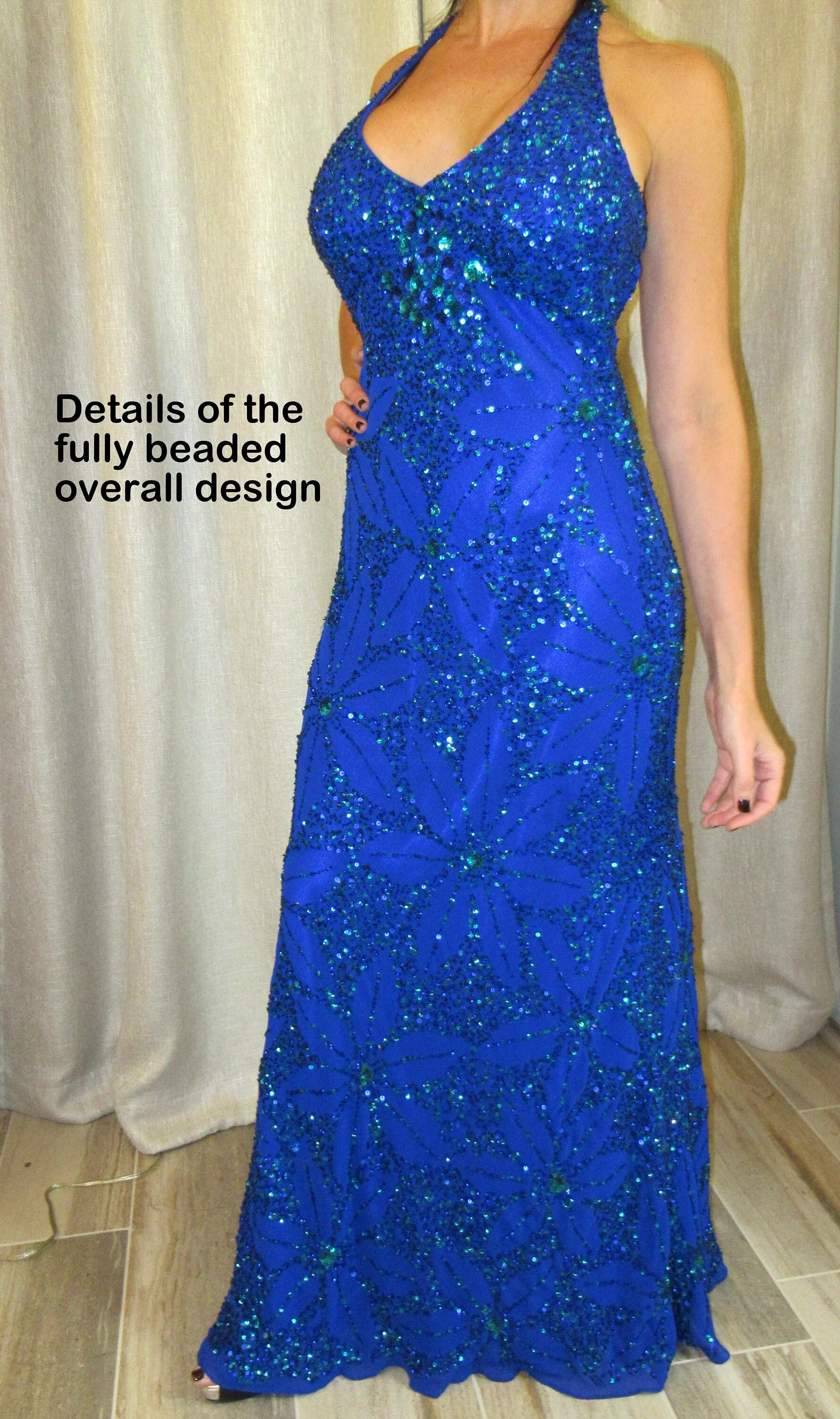 36 Bust Beaded Party Dress Adrianna Papell Evening Formal Royal Blue Diagonal Straps Bra Top Made In India Greek Goddess Sexy Vtgs!! - Image 6
