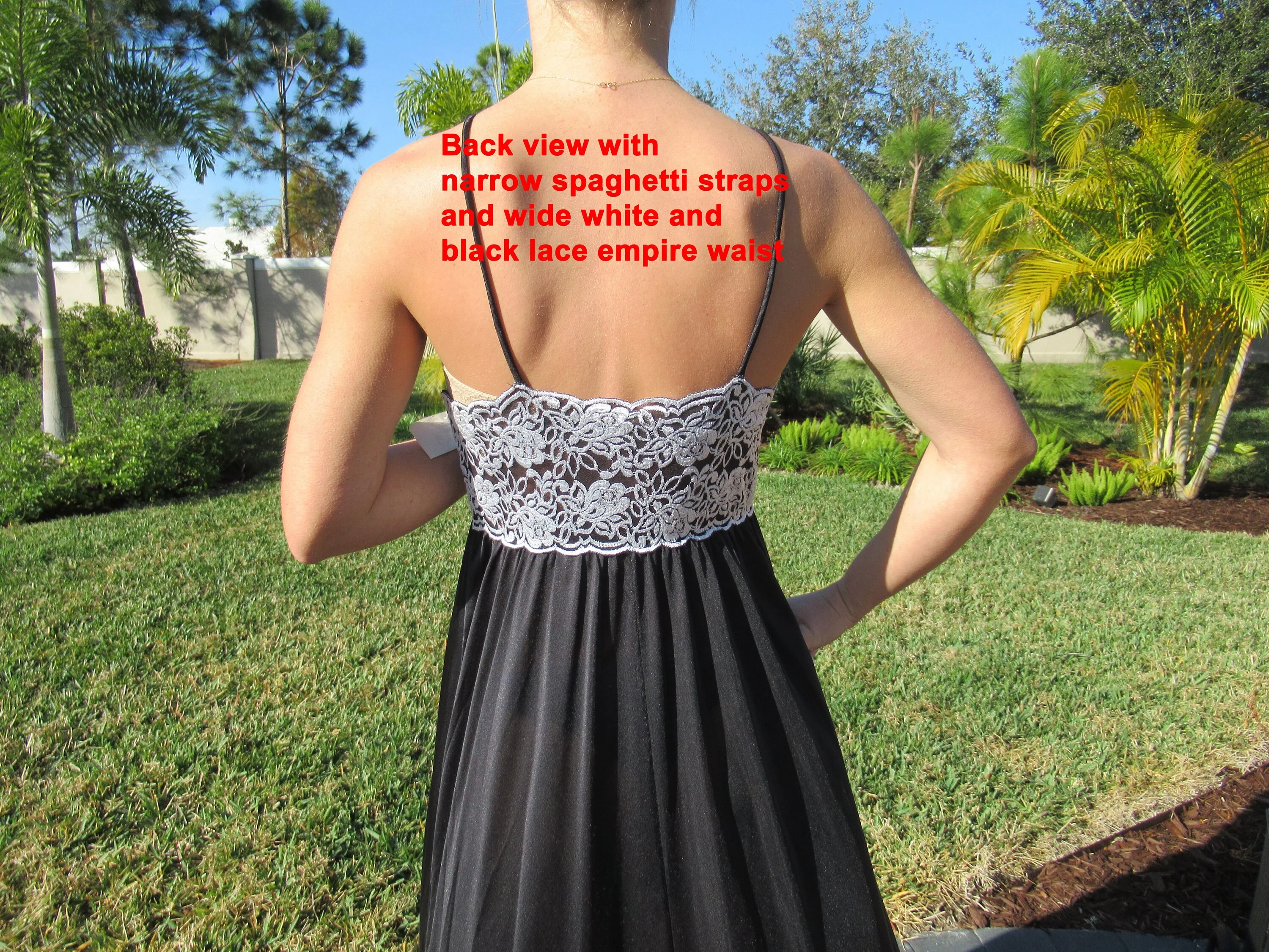 36 Bust Empire Waist Nightgown with White and Black Lace Yoke Shadowline, Never Worn Black Nylon, Made In Usa, Original Paper Tag, Vtg - Image 10