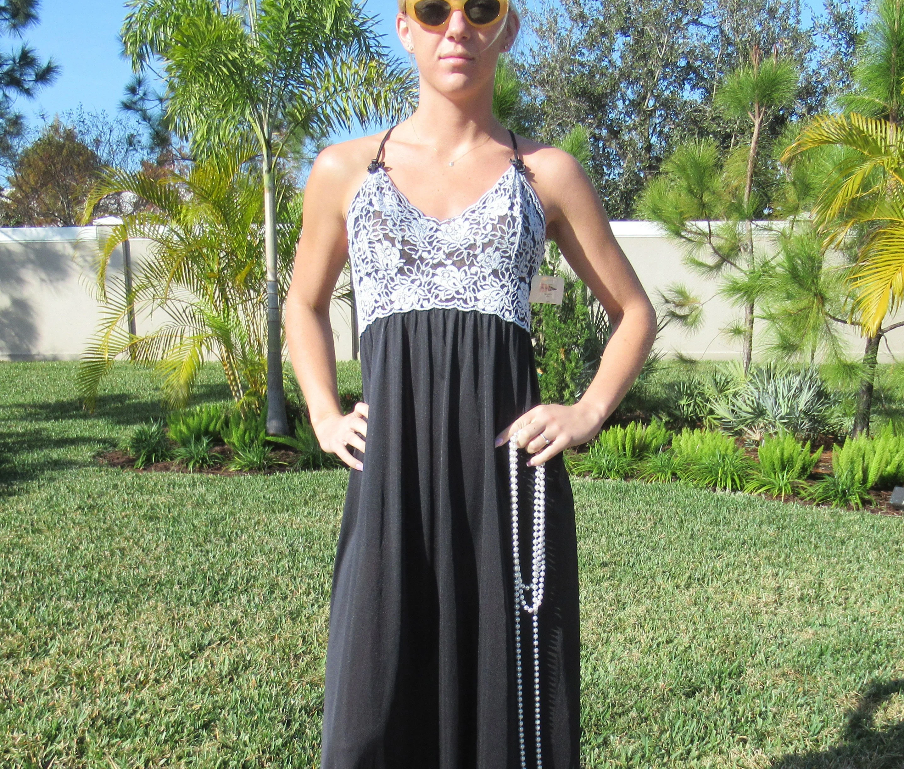36 Bust Empire Waist Nightgown with White and Black Lace Yoke Shadowline, Never Worn Black Nylon, Made In Usa, Original Paper Tag, Vtg - Image 2