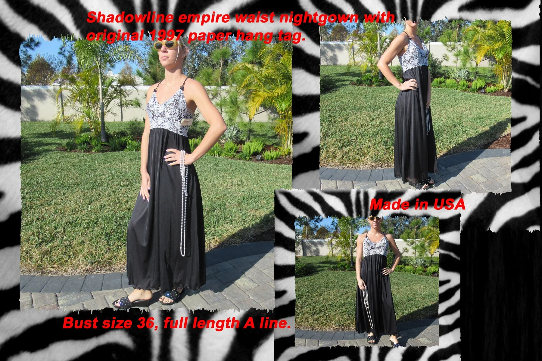 36 Bust Empire Waist Nightgown with White and Black Lace Yoke Shadowline, Never Worn Black Nylon, Made In Usa, Original Paper Tag, Vtg - Image 4