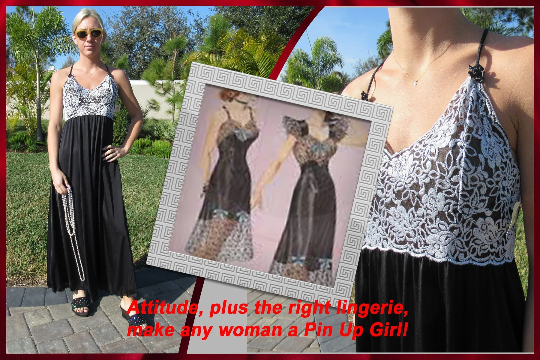 36 Bust Empire Waist Nightgown with White and Black Lace Yoke Shadowline, Never Worn Black Nylon, Made In Usa, Original Paper Tag, Vtg - Image 6