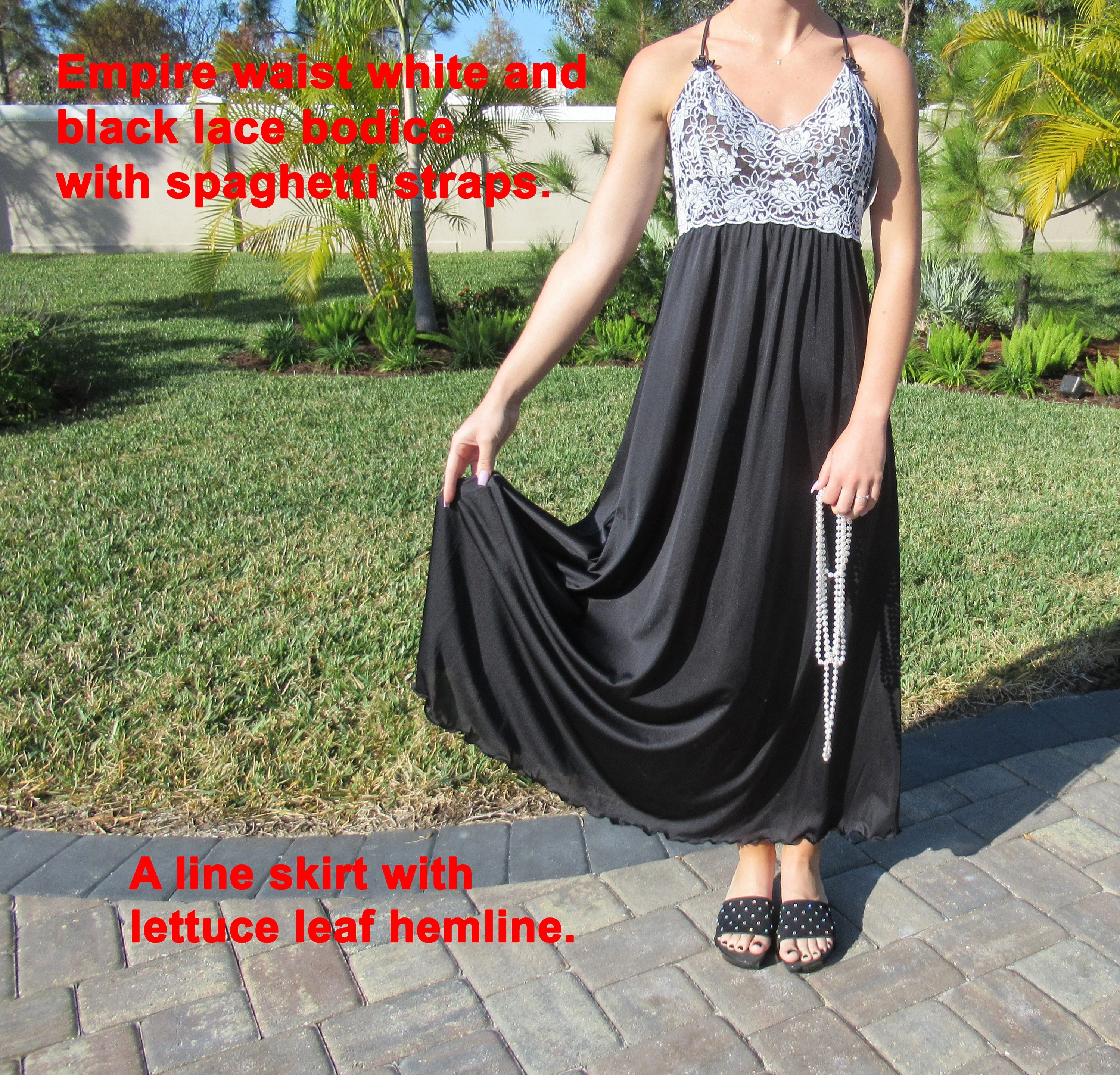 36 Bust Empire Waist Nightgown with White and Black Lace Yoke Shadowline, Never Worn Black Nylon, Made In Usa, Original Paper Tag, Vtg - Image 9