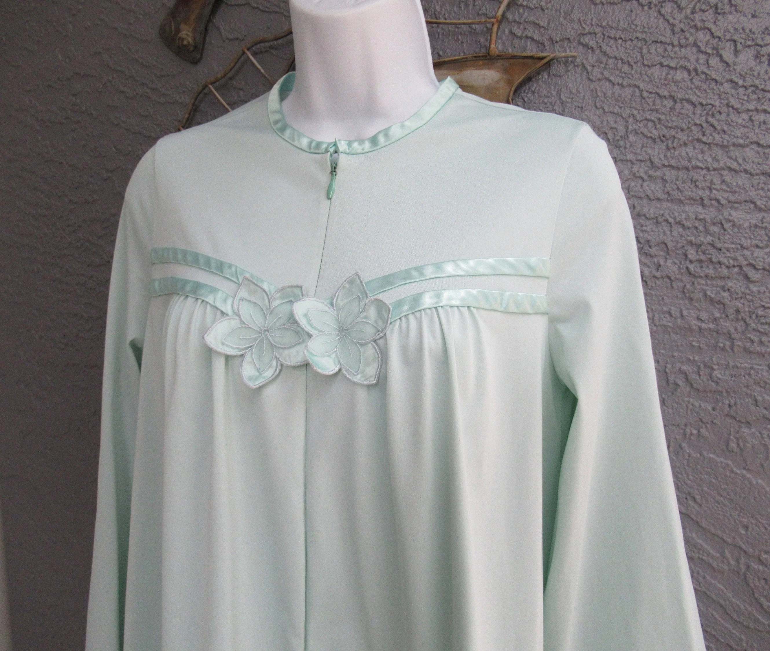 36 Bust Nylon Robe Teal Blue 2 Front Fabric Floral Accents, Small, 60s, A-Line Shape, Front Zipper, Long Sleeves, Vtg by Gossard Artemis - Image 2