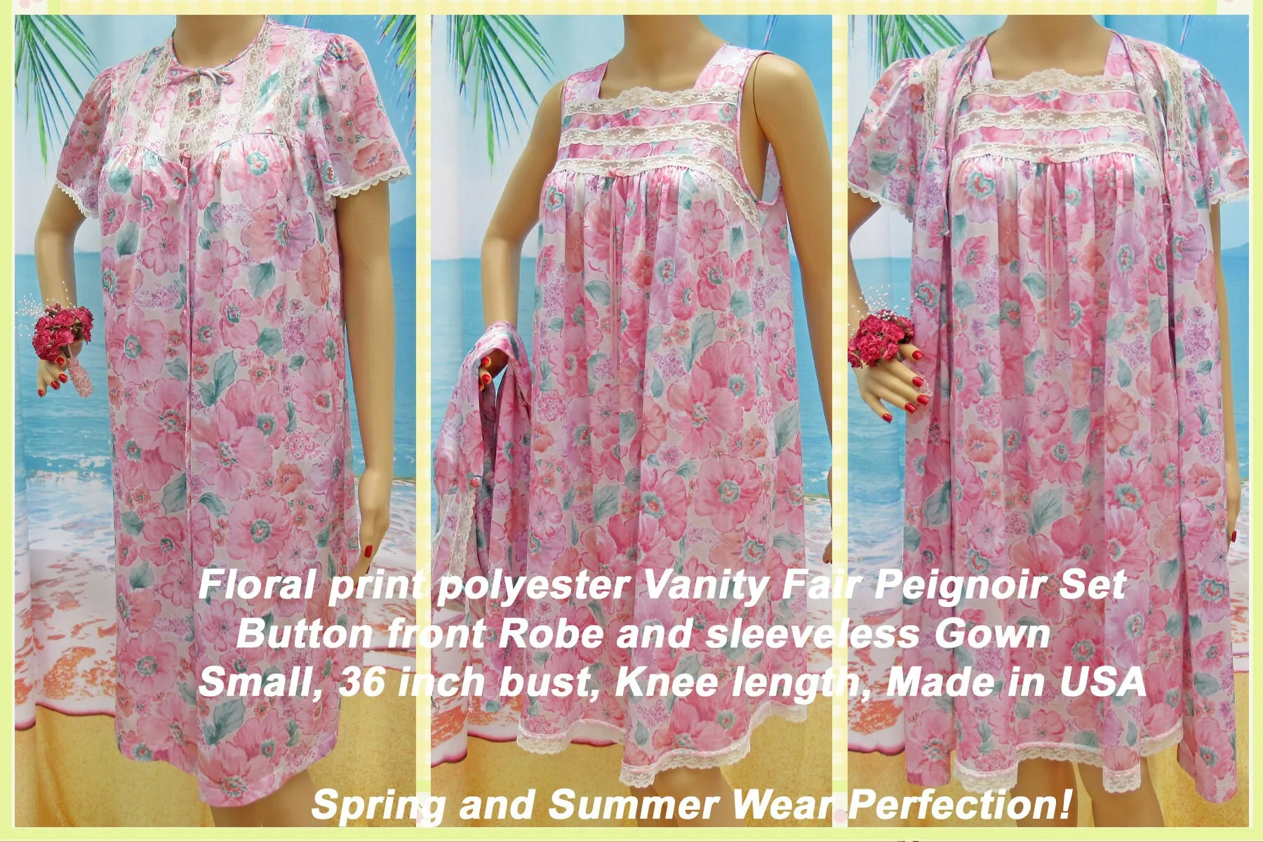 36 Bust Robe / Nightgown Set Floral Print Polyester Button Front Robe and Sleeveless Gown, Sz Small, Knee Length, Made In Usa by Vanity Fair - Image 2