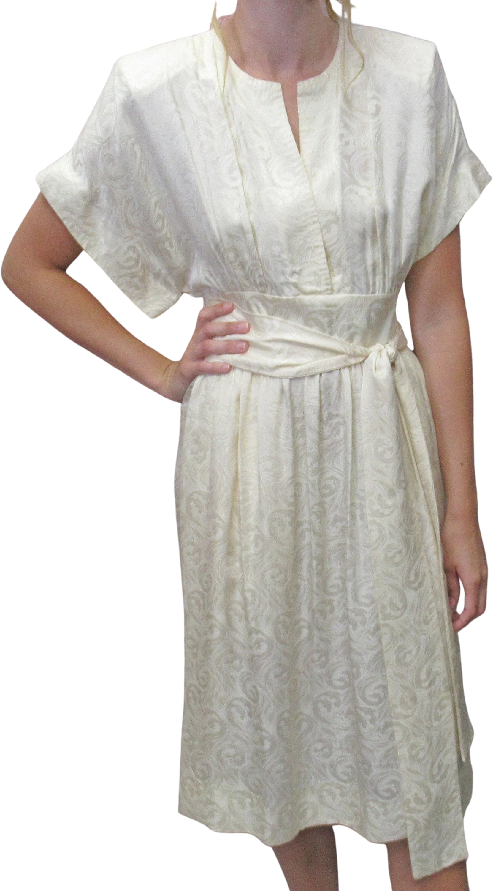 36 Bust Robe Style Dress Attached Obi Wrap Long Belt 80s Wide Sleeve V-Neck Cream White Silk Knee Length Saks 5th Avenue Label Vtg