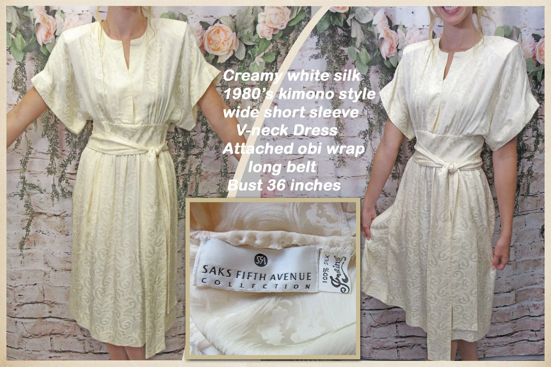 36 Bust Robe Style Dress Attached Obi Wrap Long Belt 80s Wide Sleeve V-Neck Cream White Silk Knee Length Saks 5th Avenue Label Vtg - Image 3