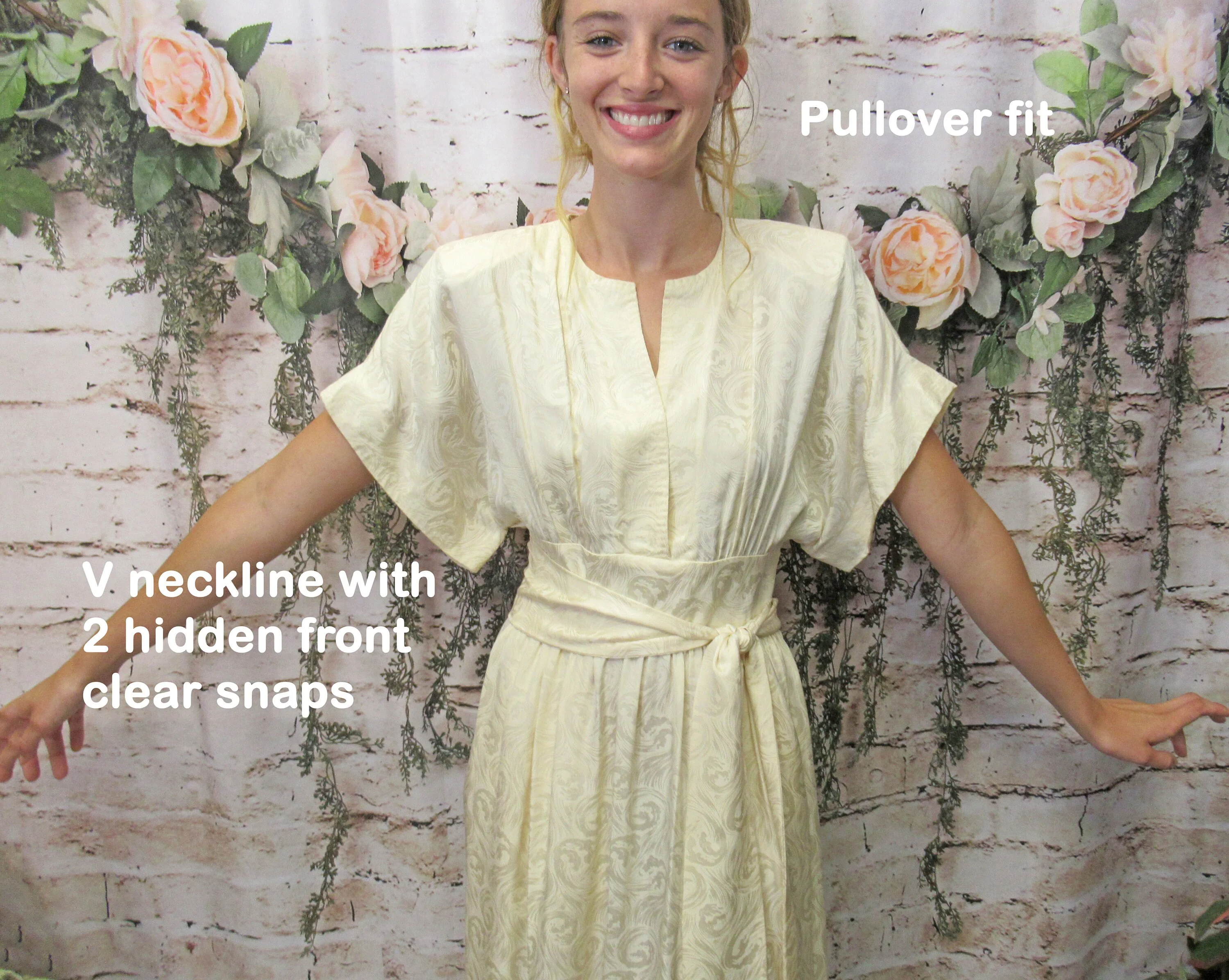 36 Bust Robe Style Dress Attached Obi Wrap Long Belt 80s Wide Sleeve V-Neck Cream White Silk Knee Length Saks 5th Avenue Label Vtg - Image 7