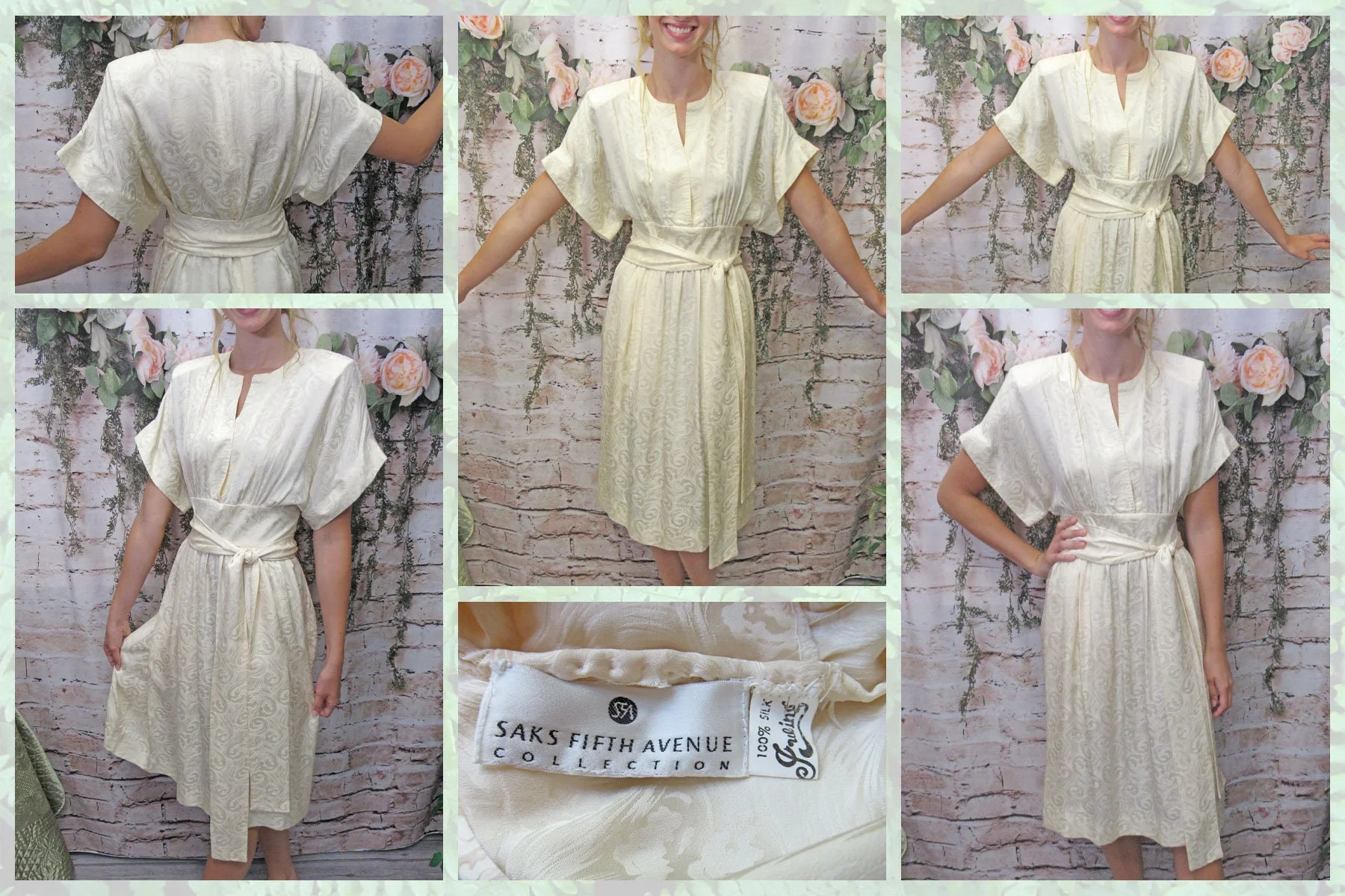 36 Bust Robe Style Dress Attached Obi Wrap Long Belt 80s Wide Sleeve V-Neck Cream White Silk Knee Length Saks 5th Avenue Label Vtg - Image 8