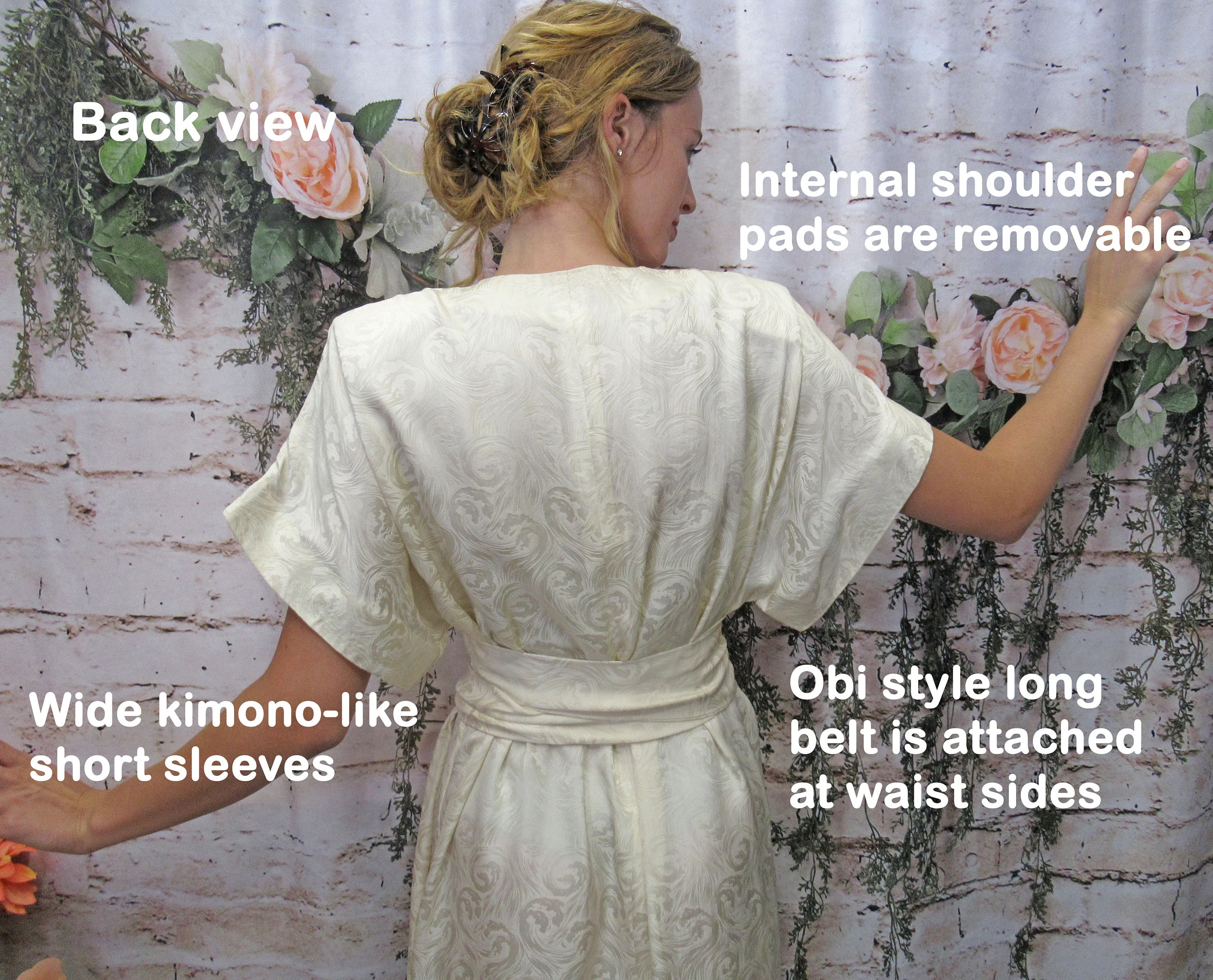 36 Bust Robe Style Dress Attached Obi Wrap Long Belt 80s Wide Sleeve V-Neck Cream White Silk Knee Length Saks 5th Avenue Label Vtg - Image 9