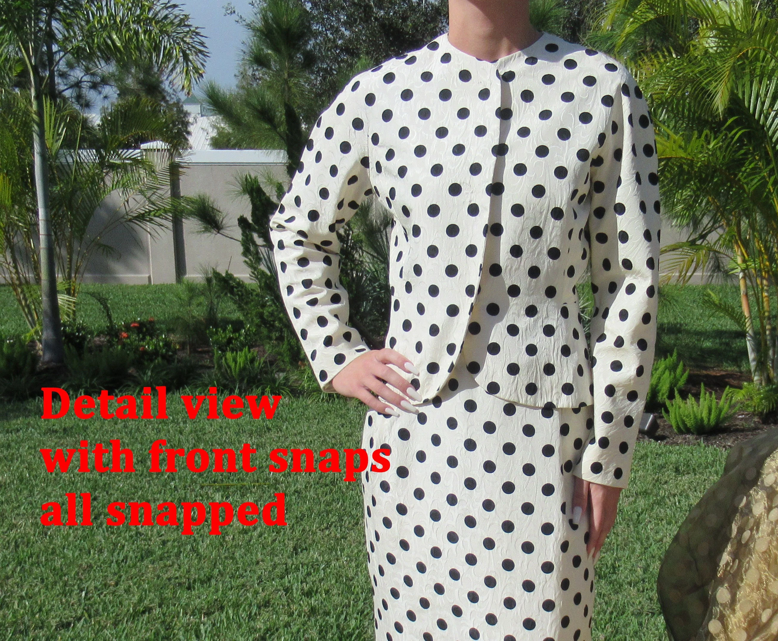 36 Bust Silk Two Piece Suit Blazer / Pencil Skirt 70s Adele Simpson Black Polka Dots On Cream 26 Inch Waist Skirt Made In Hong Kong - Image 7