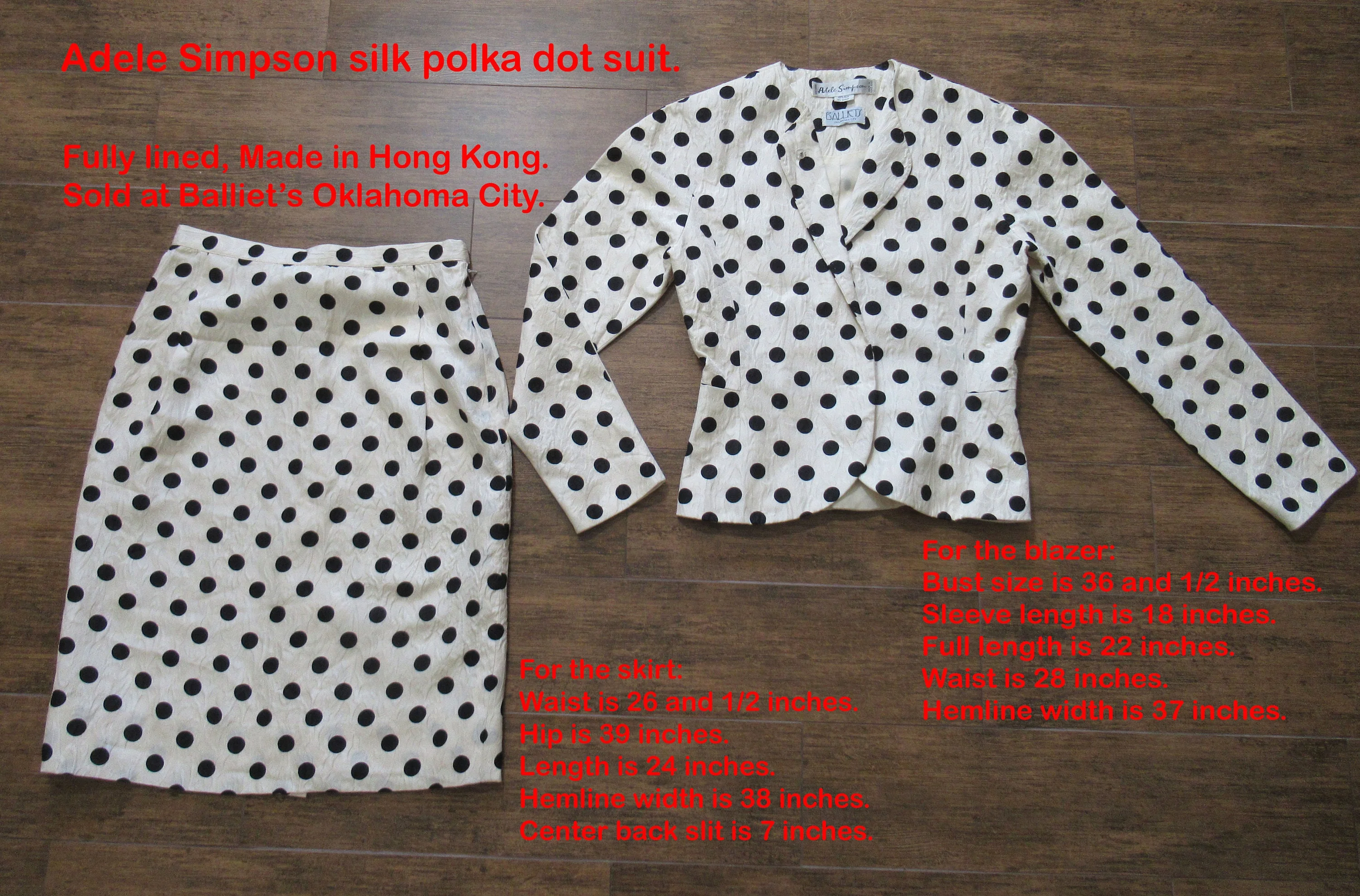 36 Bust Silk Two Piece Suit Blazer / Pencil Skirt 70s Adele Simpson Black Polka Dots On Cream 26 Inch Waist Skirt Made In Hong Kong - Image 9