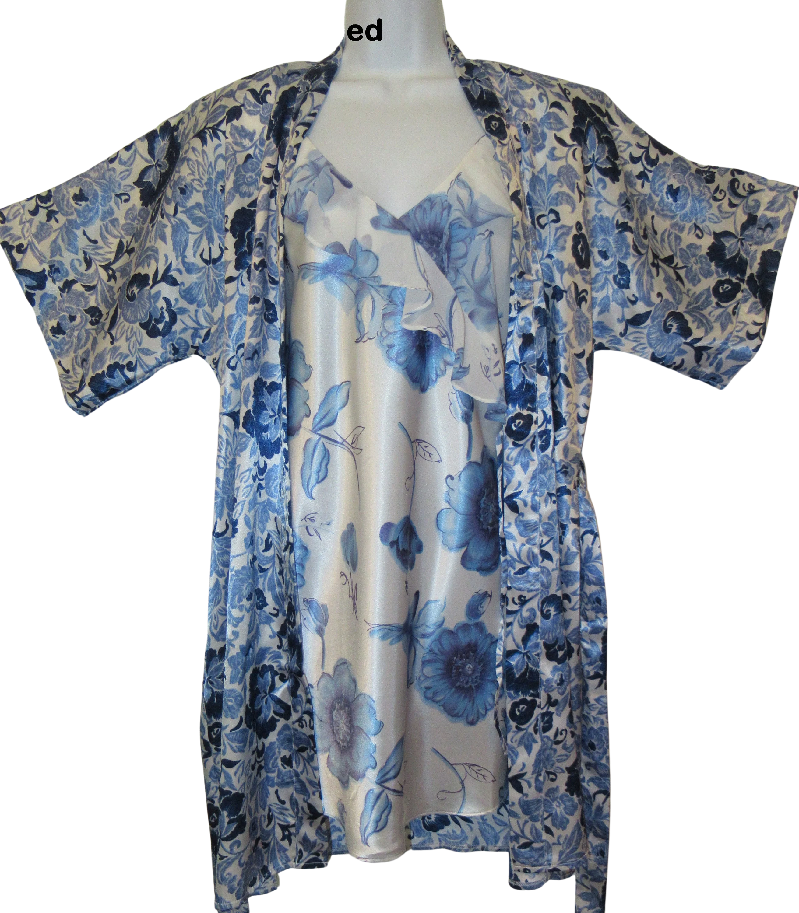37 Bust Babydoll Short Set Spaghetti Strap Gown, Wrap Robe, J O Intimates, Blue Floral, Polyester, Made In Hong Kong, Self Belt, Vtg