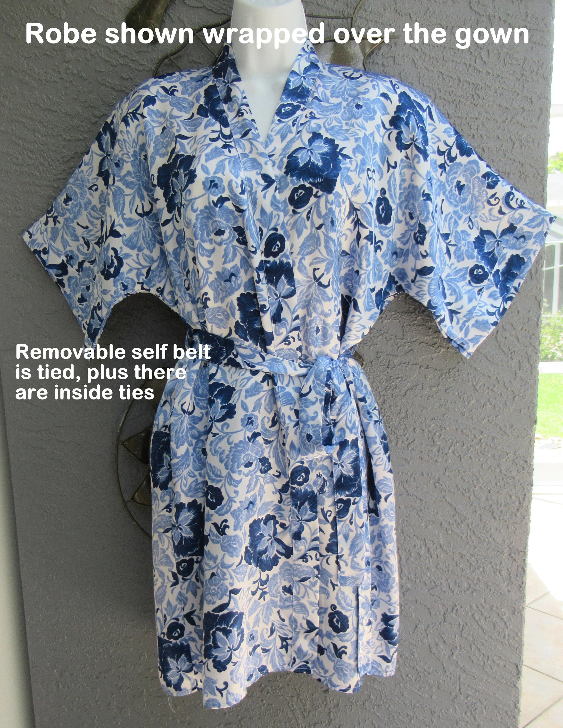 37 Bust Babydoll Short Set Spaghetti Strap Gown, Wrap Robe, J O Intimates, Blue Floral, Polyester, Made In Hong Kong, Self Belt, Vtg - Image 6