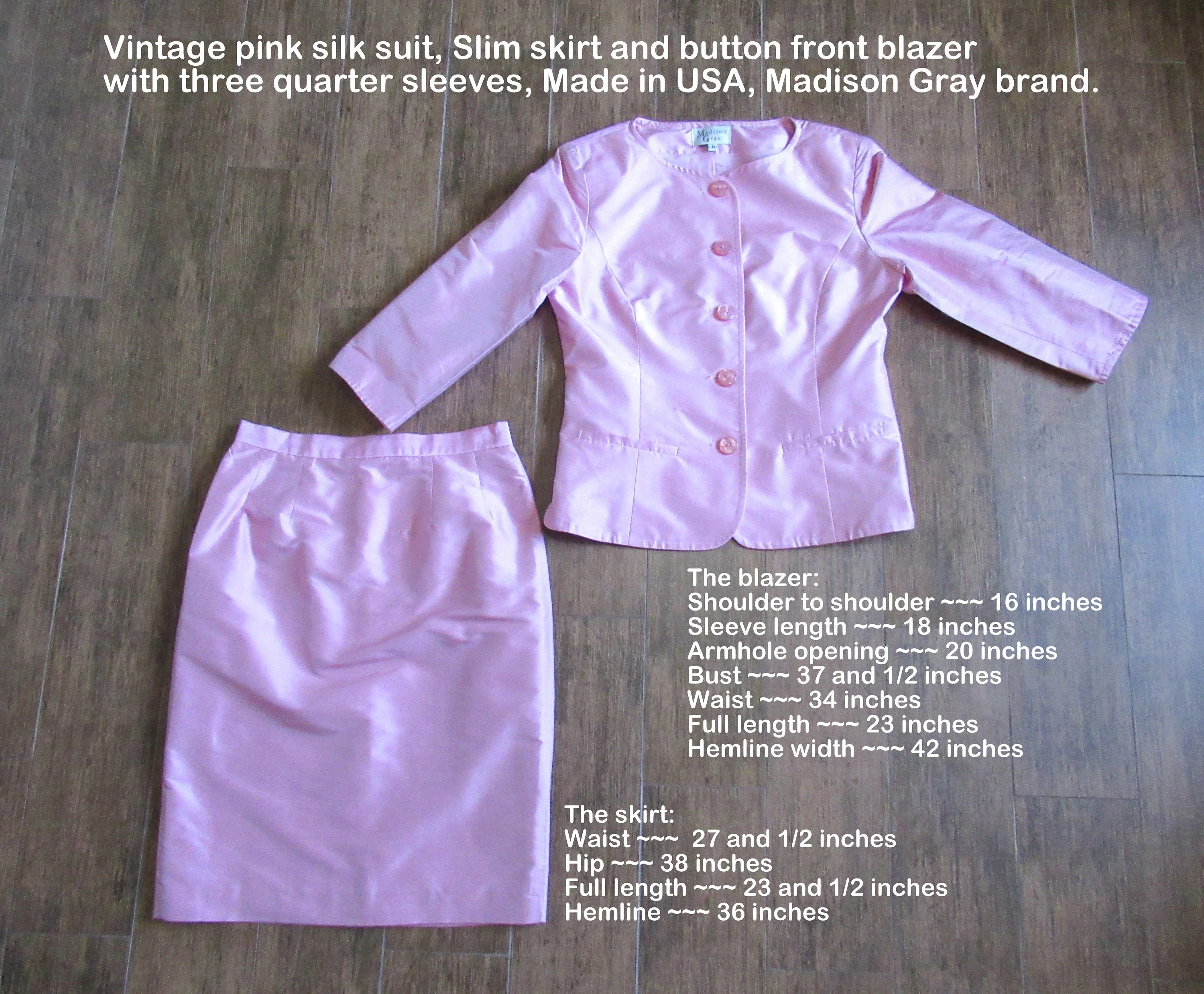 37 Bust Silk Suit Slim Skirt and Button Front Blazer with Quarter Length Sleeves Pretty In Pink Made In Usa Madison Gray Logo Lined Vtg by Madison Gray - Image 2
