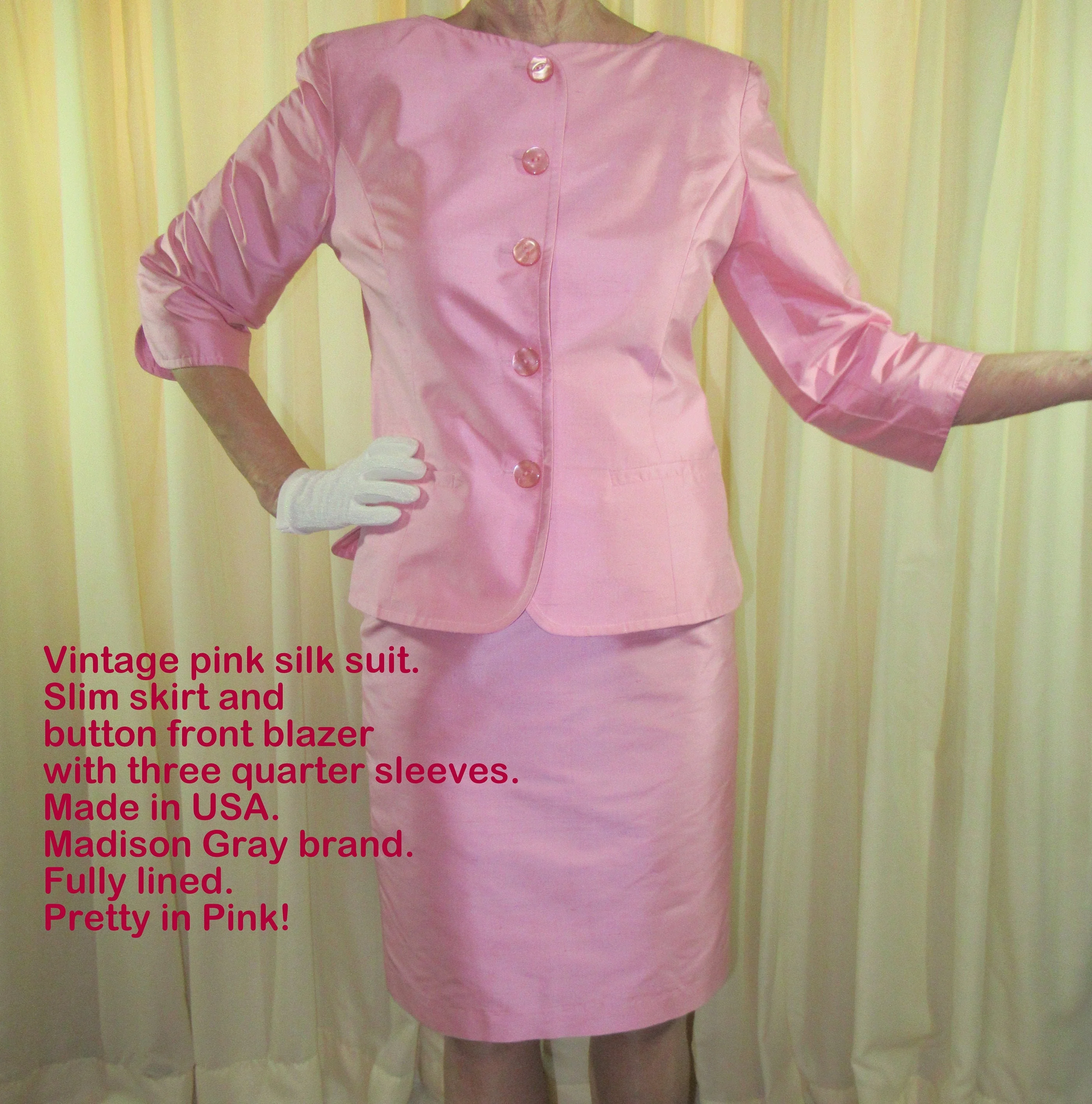 37 Bust Silk Suit Slim Skirt and Button Front Blazer with Quarter Length Sleeves Pretty In Pink Made In Usa Madison Gray Logo Lined Vtg by Madison Gray - Image 3