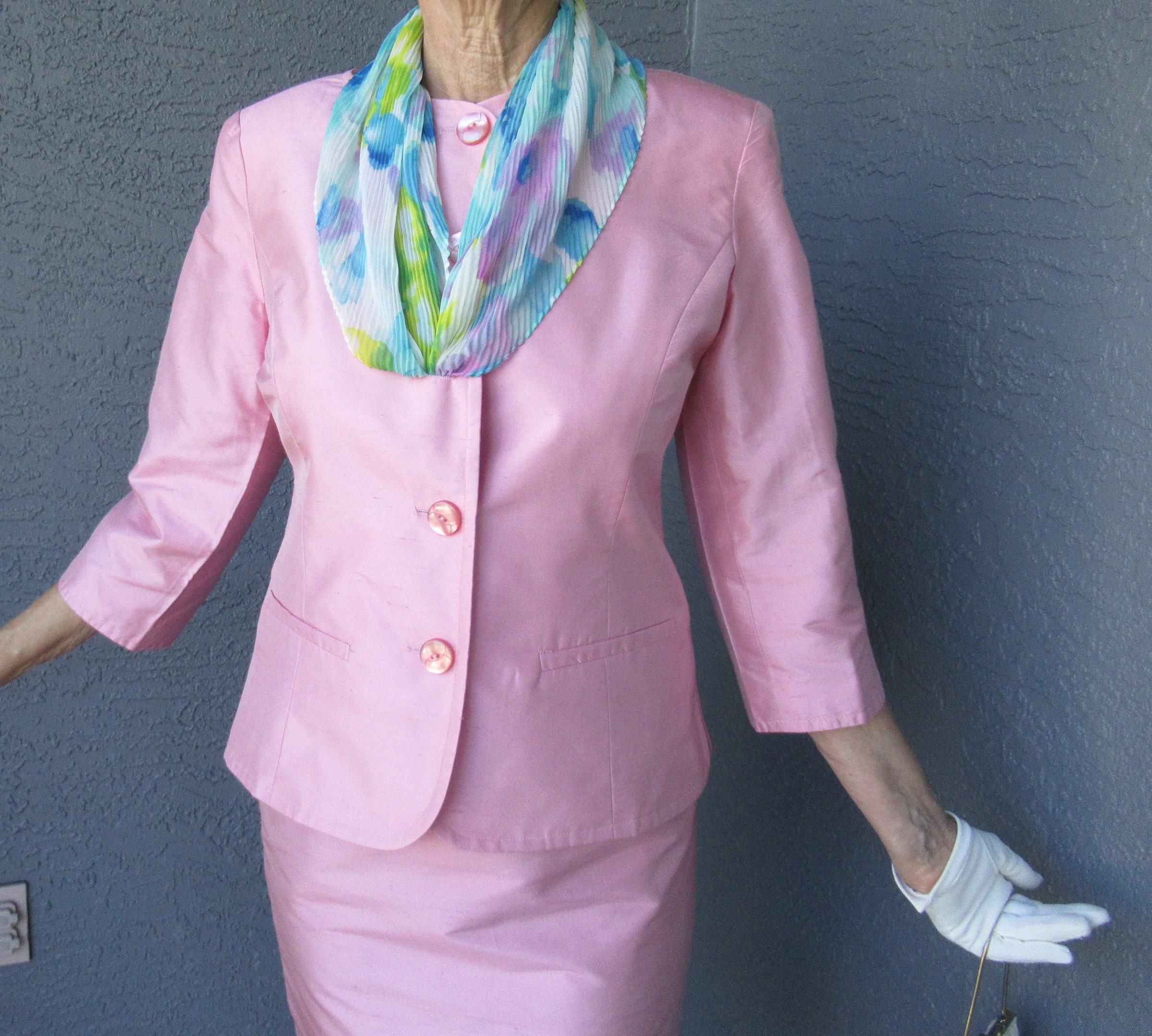 37 Bust Silk Suit Slim Skirt and Button Front Blazer with Quarter Length Sleeves Pretty In Pink Made In Usa Madison Gray Logo Lined Vtg by Madison Gray - Image 4
