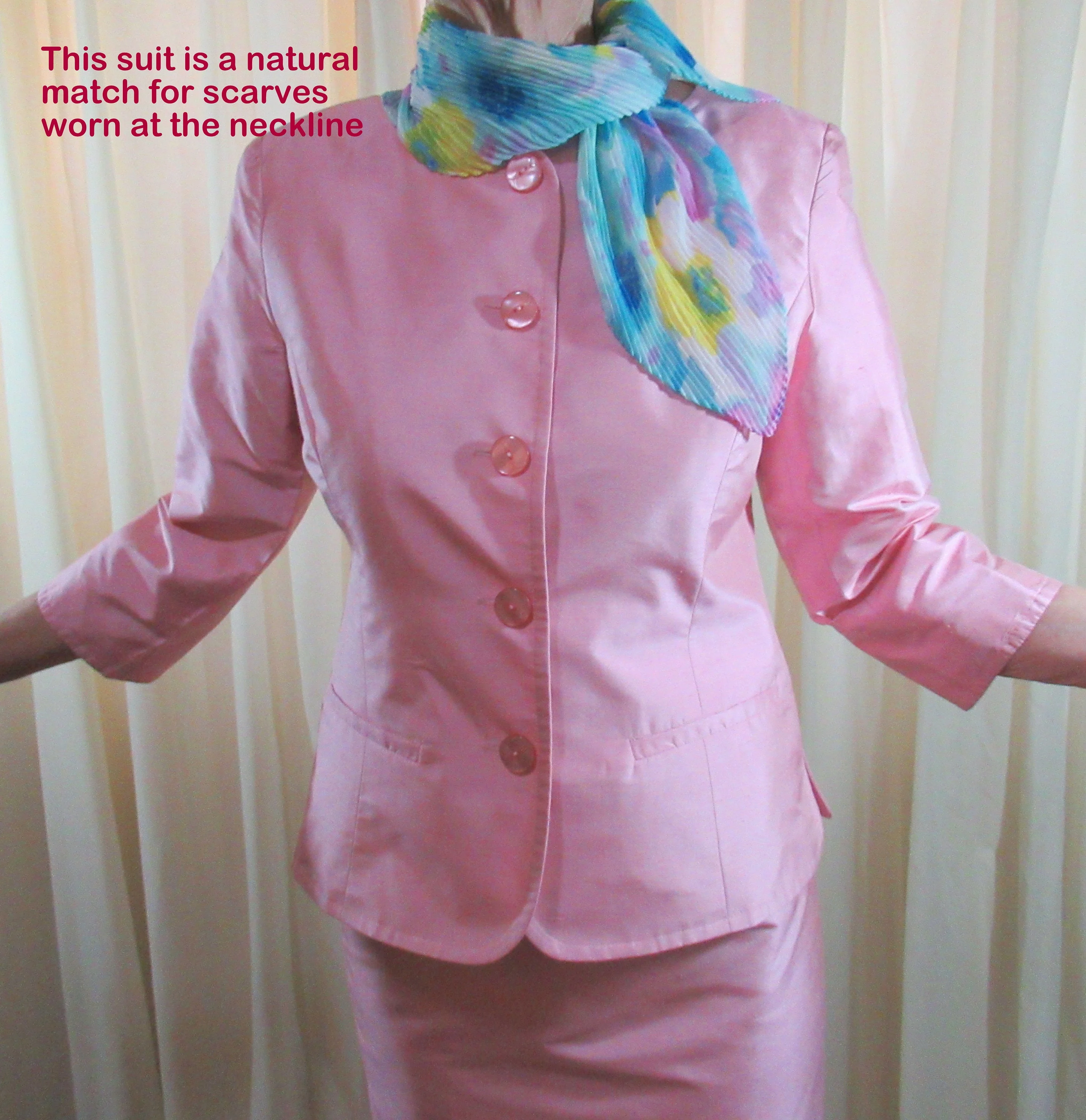 37 Bust Silk Suit Slim Skirt and Button Front Blazer with Quarter Length Sleeves Pretty In Pink Made In Usa Madison Gray Logo Lined Vtg by Madison Gray - Image 5
