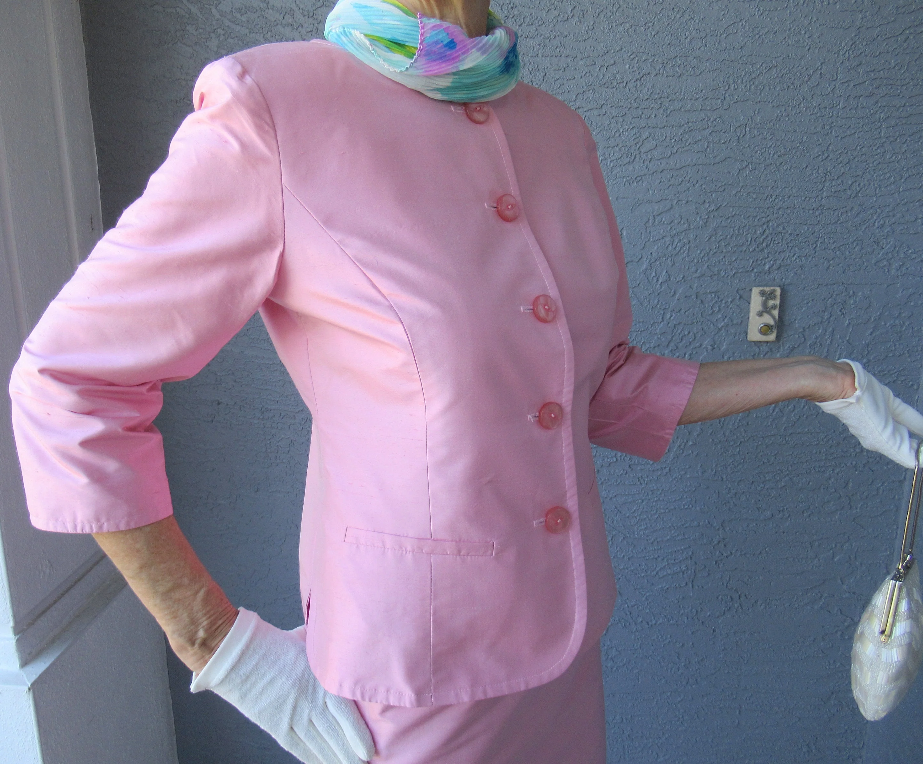 37 Bust Silk Suit Slim Skirt and Button Front Blazer with Quarter Length Sleeves Pretty In Pink Made In Usa Madison Gray Logo Lined Vtg by Madison Gray - Image 6