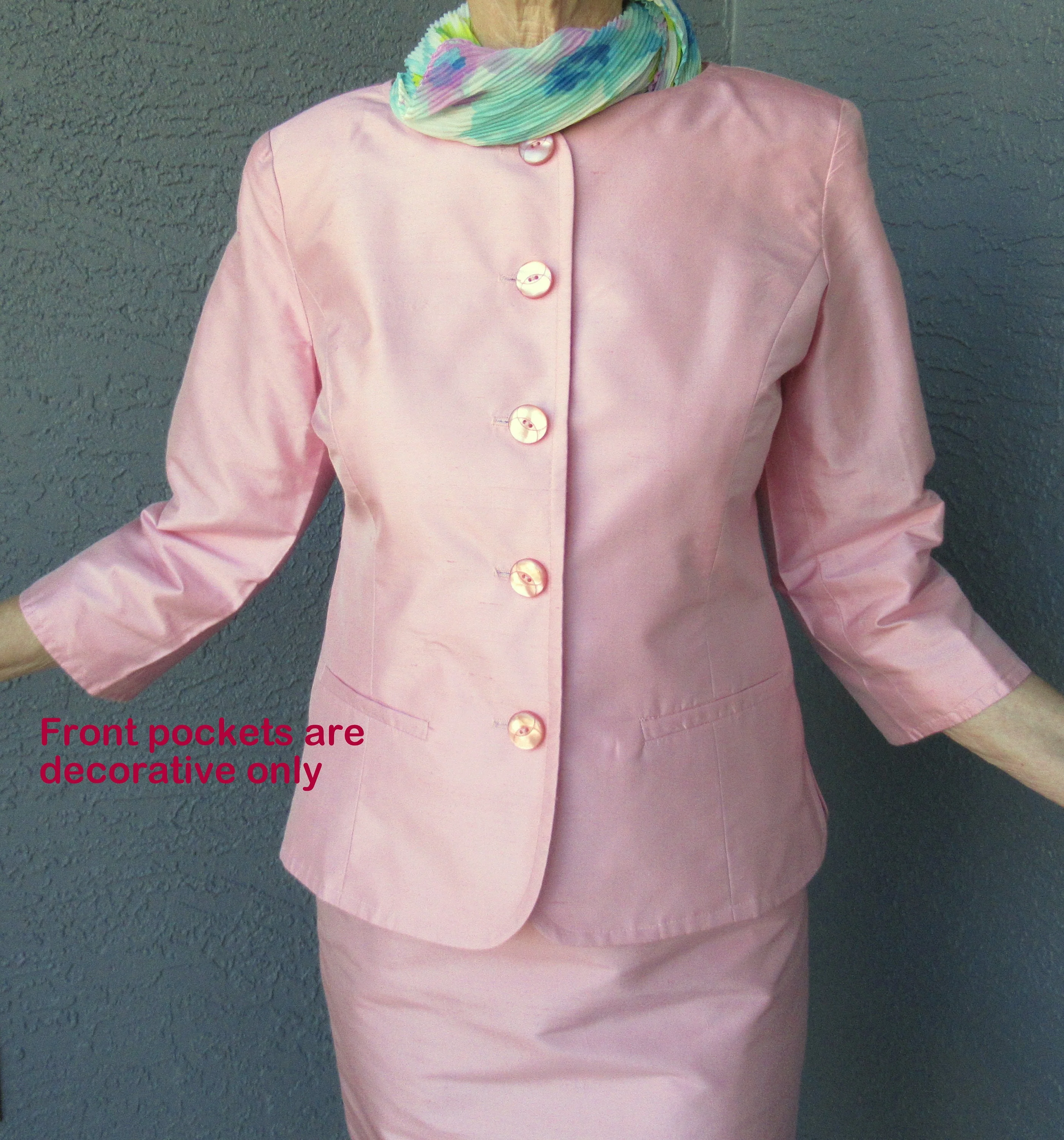 37 Bust Silk Suit Slim Skirt and Button Front Blazer with Quarter Length Sleeves Pretty In Pink Made In Usa Madison Gray Logo Lined Vtg by Madison Gray - Image 8