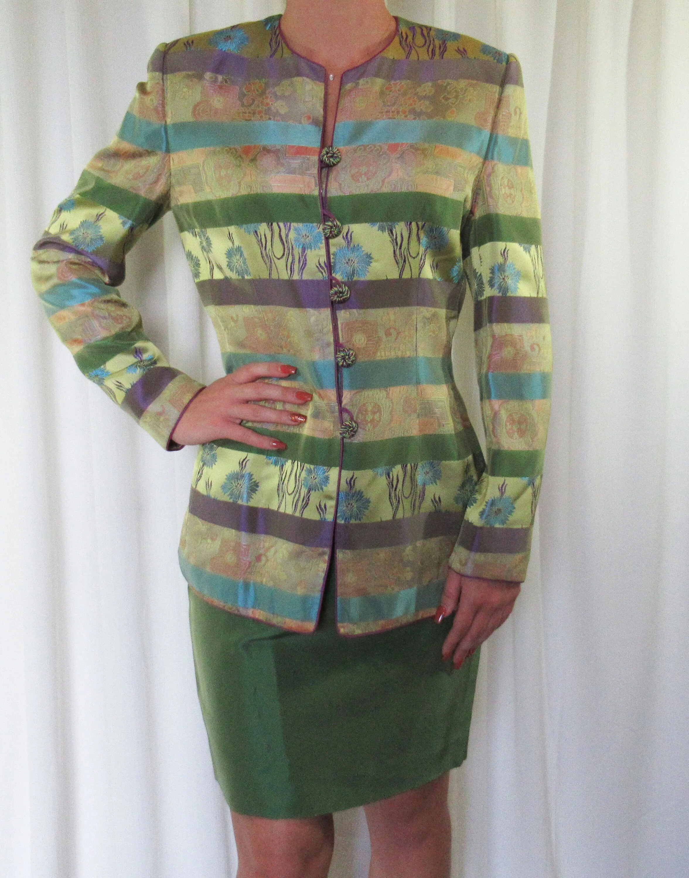 37 Bust Suit Inspired Print Fitted Jacket Slim Solid Apple Green Skirt Collection for Neiman Marcus Made In Usa Vtg by Mary McFadden - Image 7