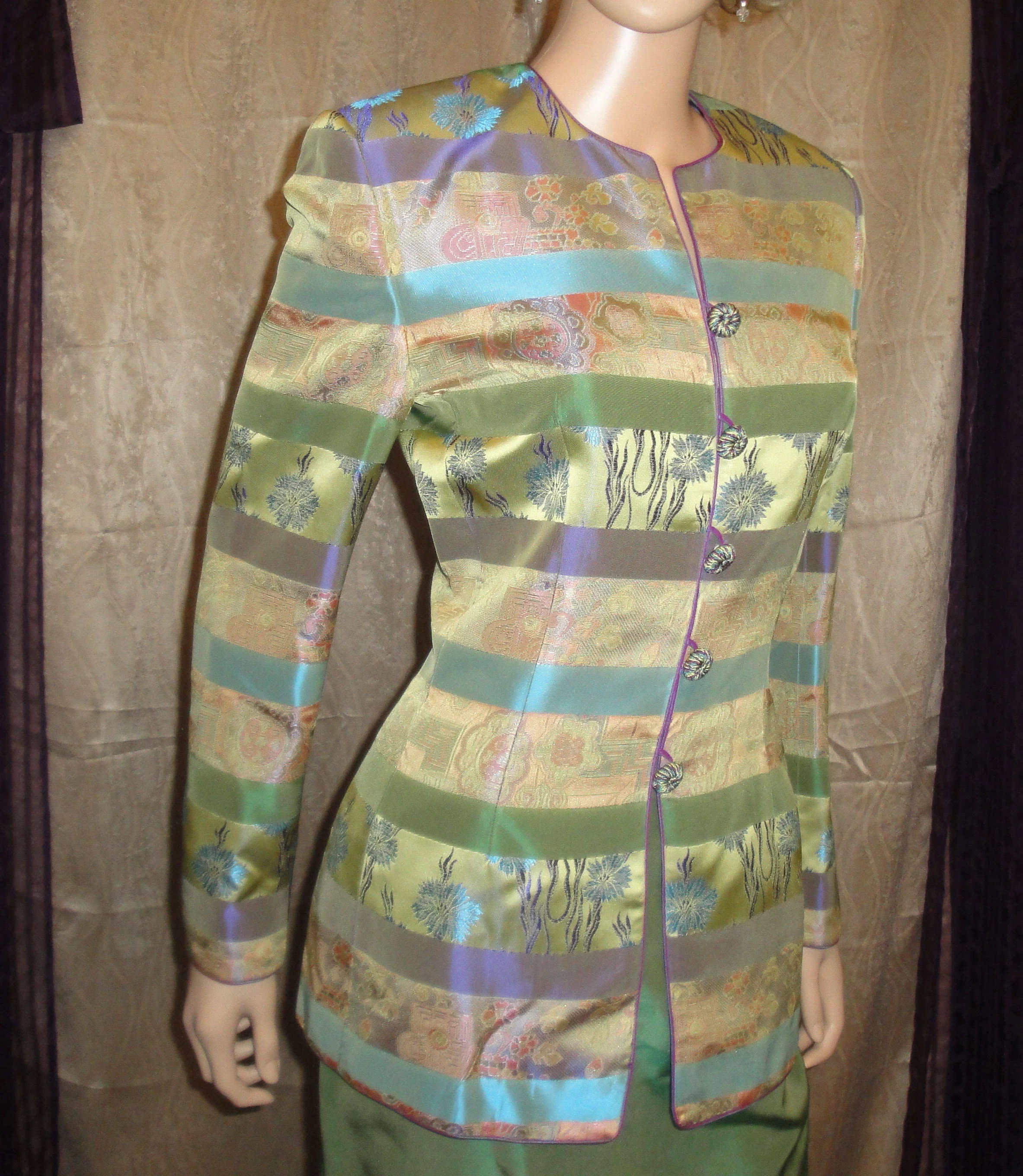 37 Bust Suit Inspired Print Fitted Jacket Slim Solid Apple Green Skirt Collection for Neiman Marcus Made In Usa Vtg by Mary McFadden - Image 9