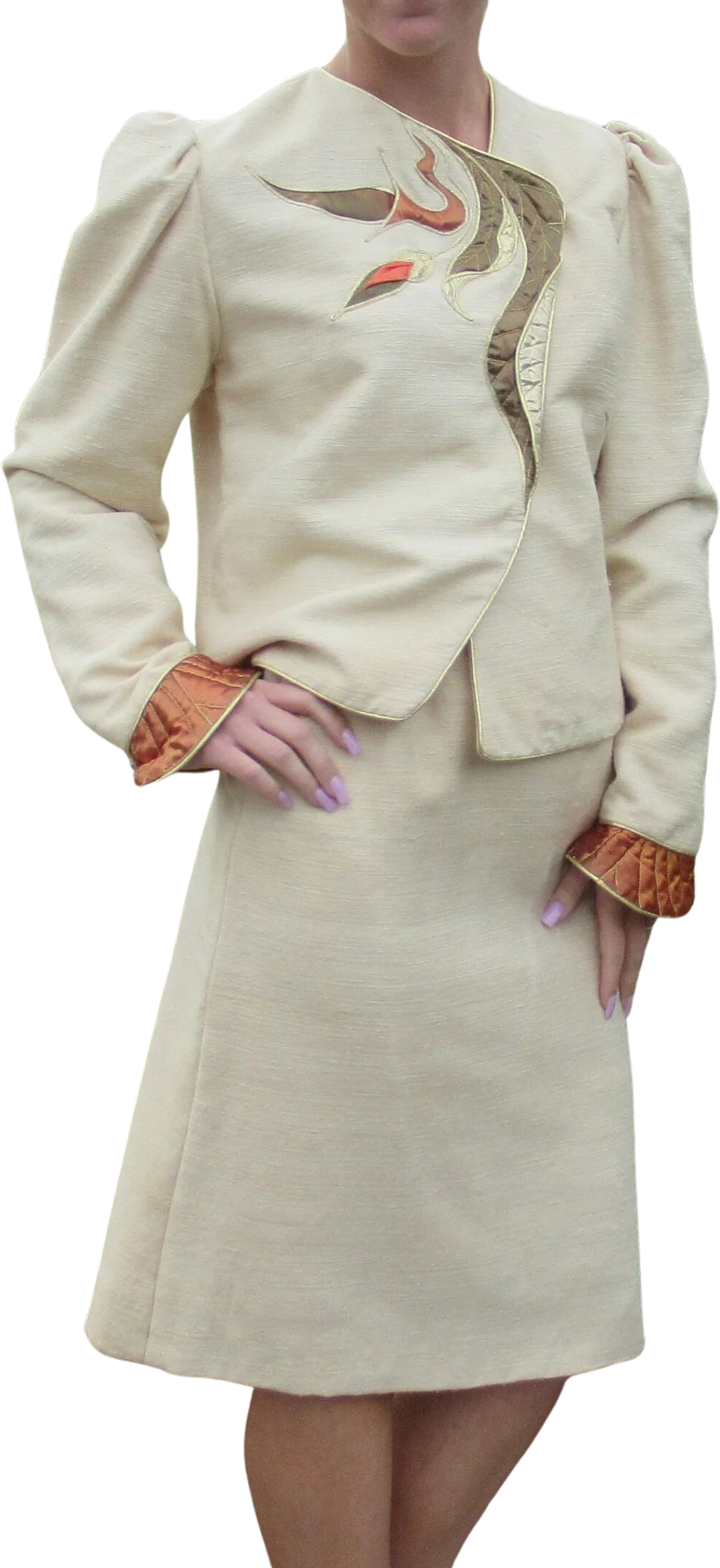 37 Bust Suit Skirt and Blazer Raw Silk Cream Gorgeous Copper/gold Quilted Trim Pencil Skirt 27 Inch Waist Made In Usa by Eugene Alexander
