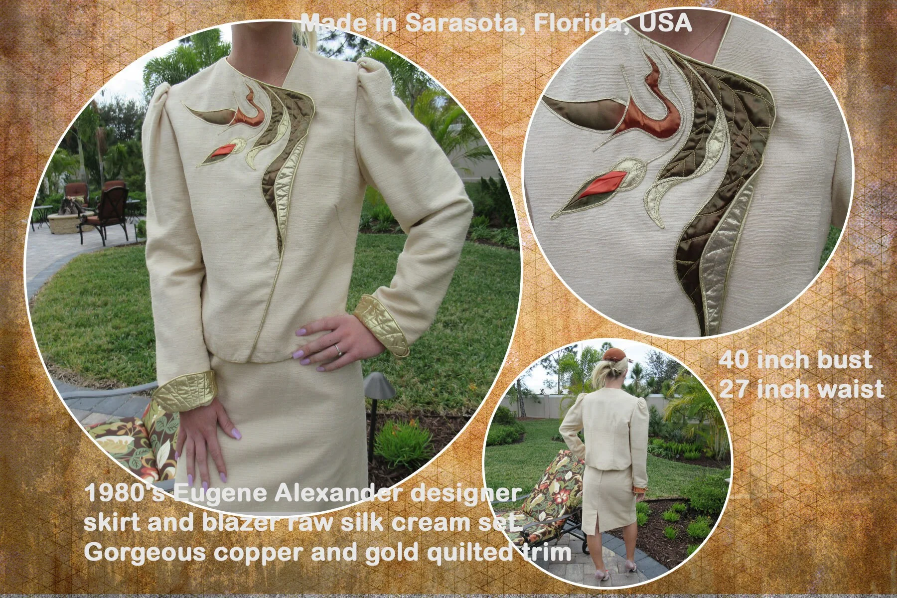 37 Bust Suit Skirt and Blazer Raw Silk Cream Gorgeous Copper/gold Quilted Trim Pencil Skirt 27 Inch Waist Made In Usa by Eugene Alexander - Image 2