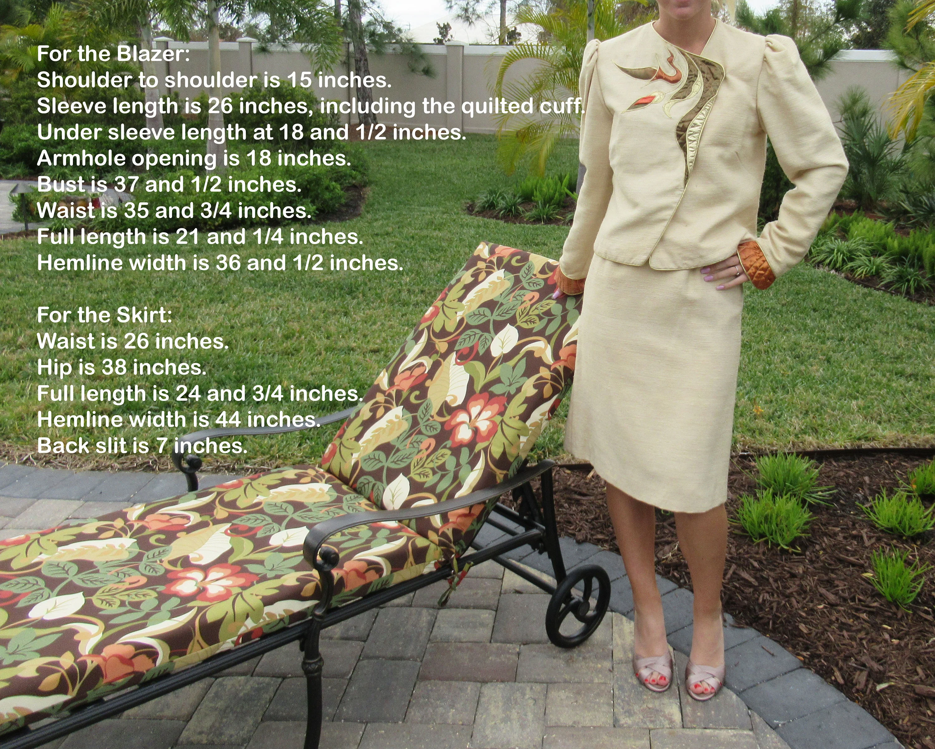 37 Bust Suit Skirt and Blazer Raw Silk Cream Gorgeous Copper/gold Quilted Trim Pencil Skirt 27 Inch Waist Made In Usa by Eugene Alexander - Image 3