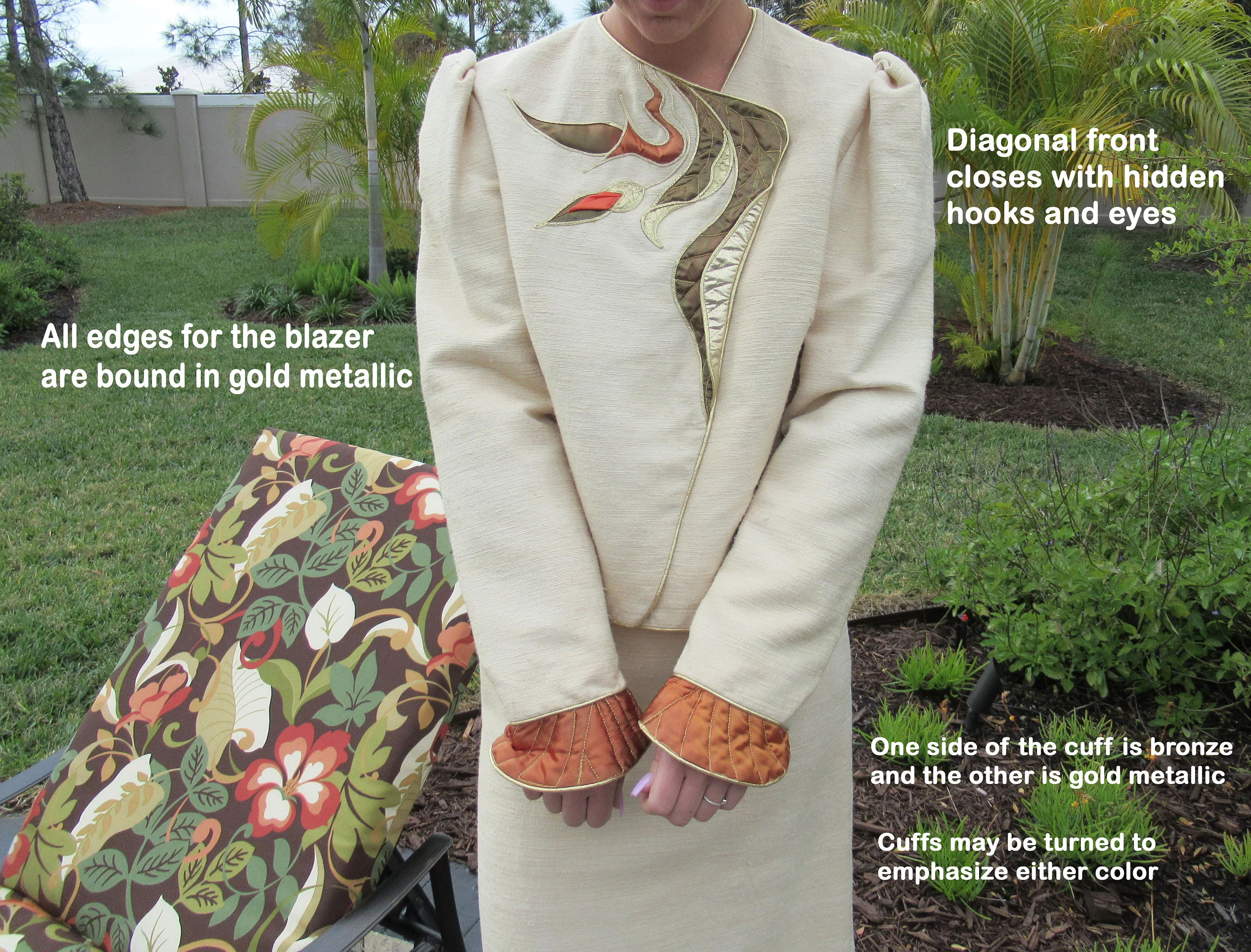 37 Bust Suit Skirt and Blazer Raw Silk Cream Gorgeous Copper/gold Quilted Trim Pencil Skirt 27 Inch Waist Made In Usa by Eugene Alexander - Image 4
