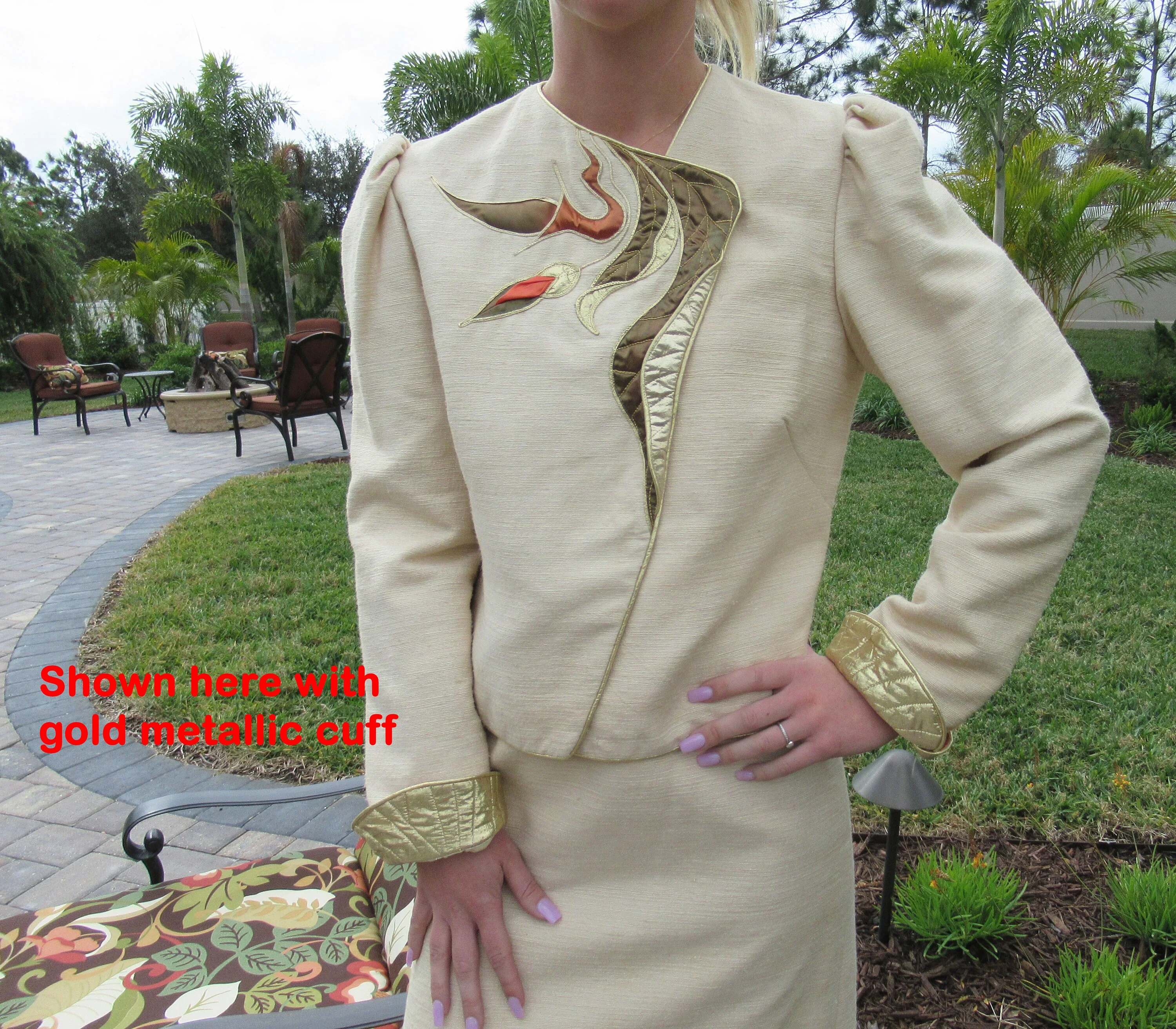 37 Bust Suit Skirt and Blazer Raw Silk Cream Gorgeous Copper/gold Quilted Trim Pencil Skirt 27 Inch Waist Made In Usa by Eugene Alexander - Image 5