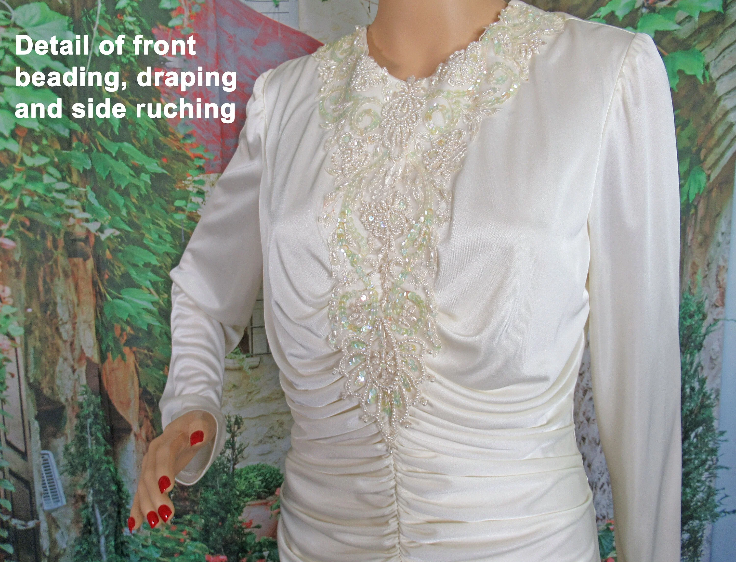 38 Bust Beaded Front Dress From Designer David Rose Cream Polyester, Draped Style, Long Sleeves, Disco Style, Back Zipper, Made In Usa Vtg - Image 4