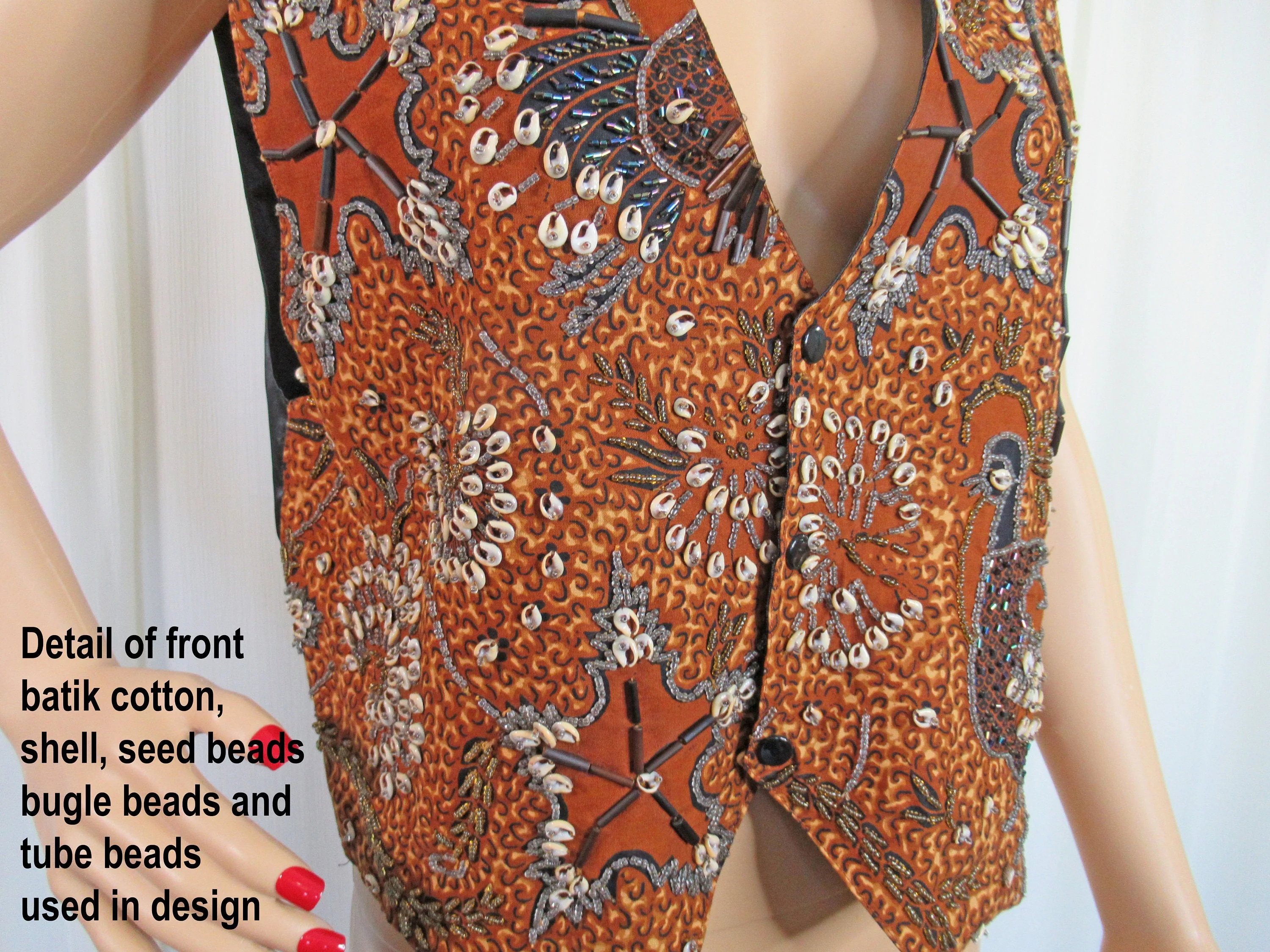 38 Bust Beaded Vest Batik Cotton, Birds, Star In Shell / Beads, Ann Tjian for Kenar, Front Snaps, Back Tie, Sz Med, Made In Indonesia Vtg - Image 6
