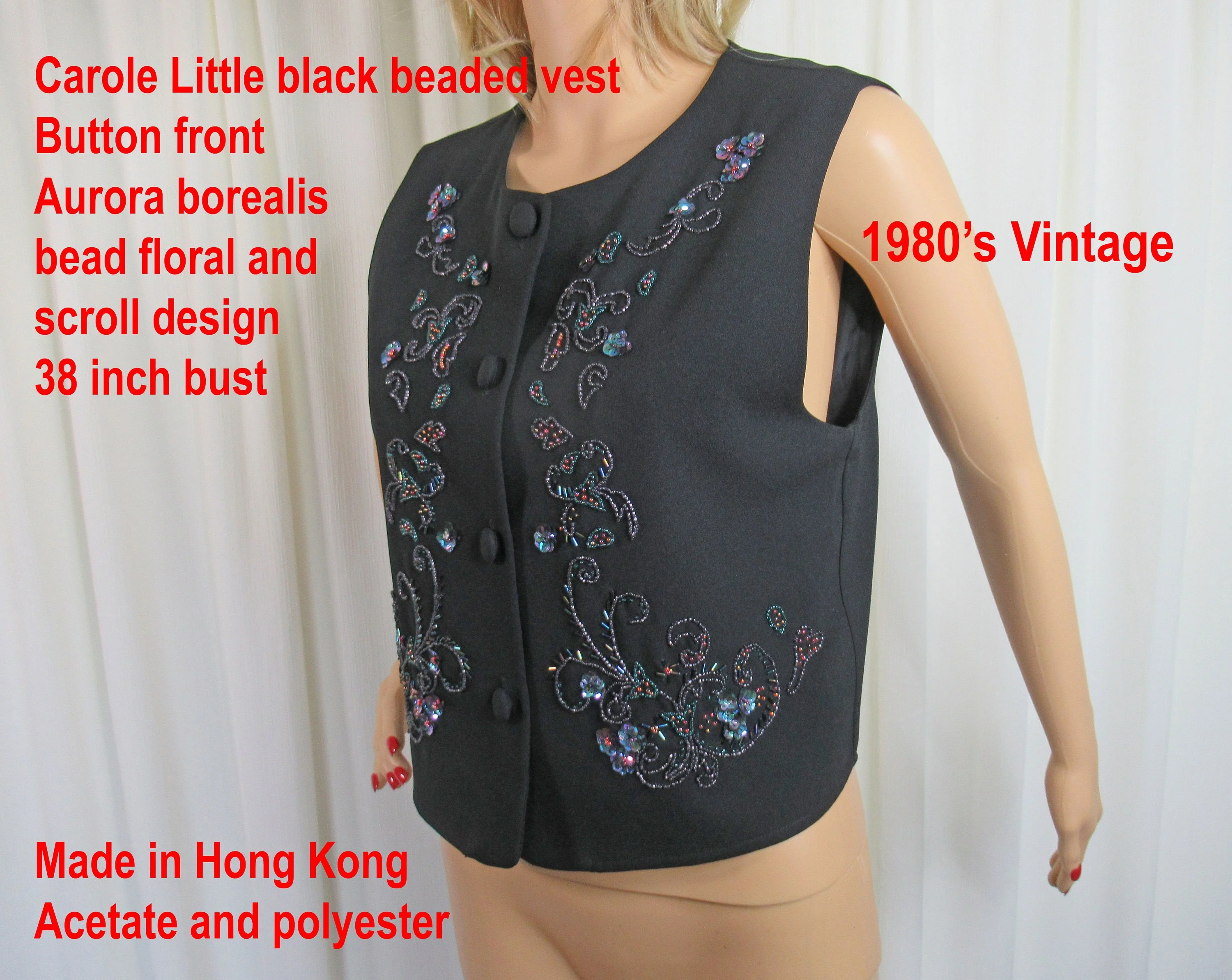 38 Bust Beaded Vest Button Front Black Aurora Borealis Floral Scroll Design, Made In Hong Kong, Acetate/polyester. Vtg 80s by Carole Little - Image 4