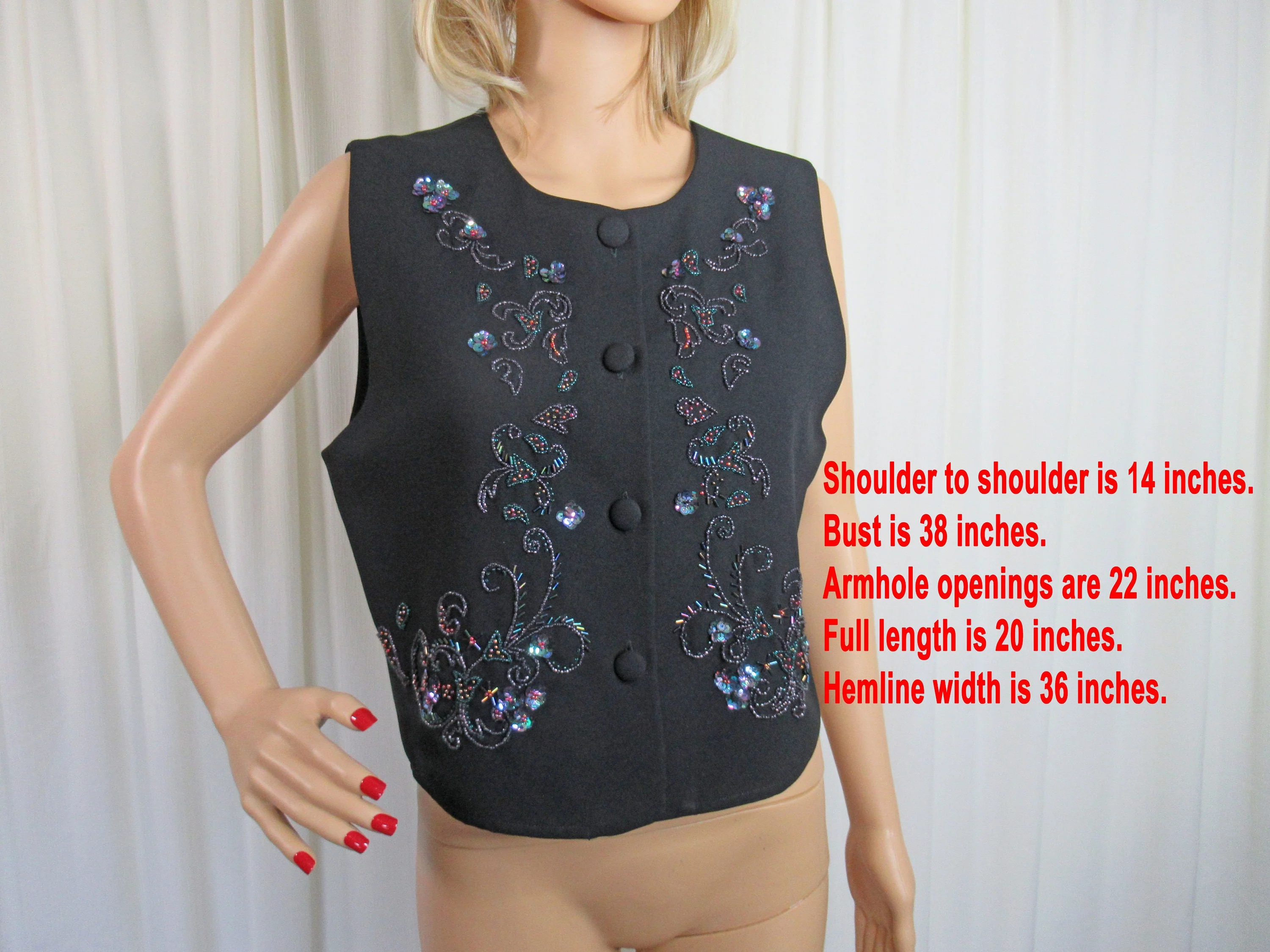 38 Bust Beaded Vest Button Front Black Aurora Borealis Floral Scroll Design, Made In Hong Kong, Acetate/polyester. Vtg 80s by Carole Little - Image 7