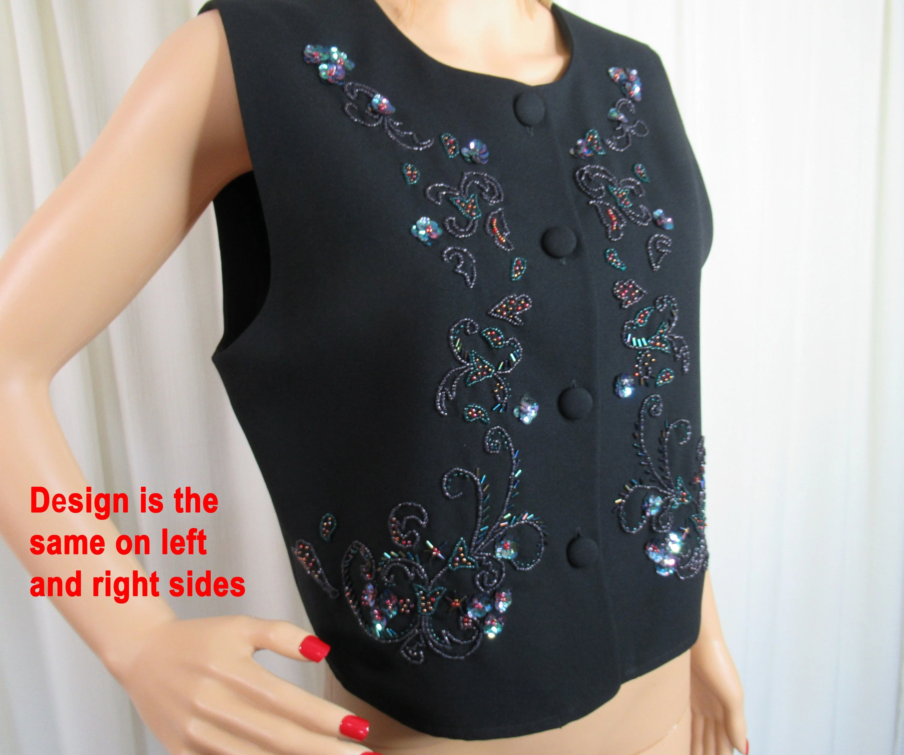 38 Bust Beaded Vest Button Front Black Aurora Borealis Floral Scroll Design, Made In Hong Kong, Acetate/polyester. Vtg 80s by Carole Little - Image 9