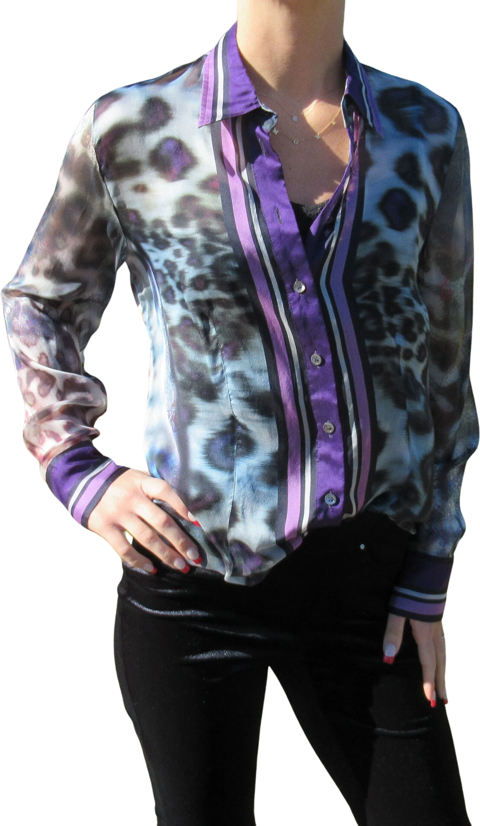 38 Bust Sheer Blouse Long Sleeve Chiffon Purple Lilac Black Animal Print Paisley Stripes Statement Vintage Collar by Bonnie & Norma