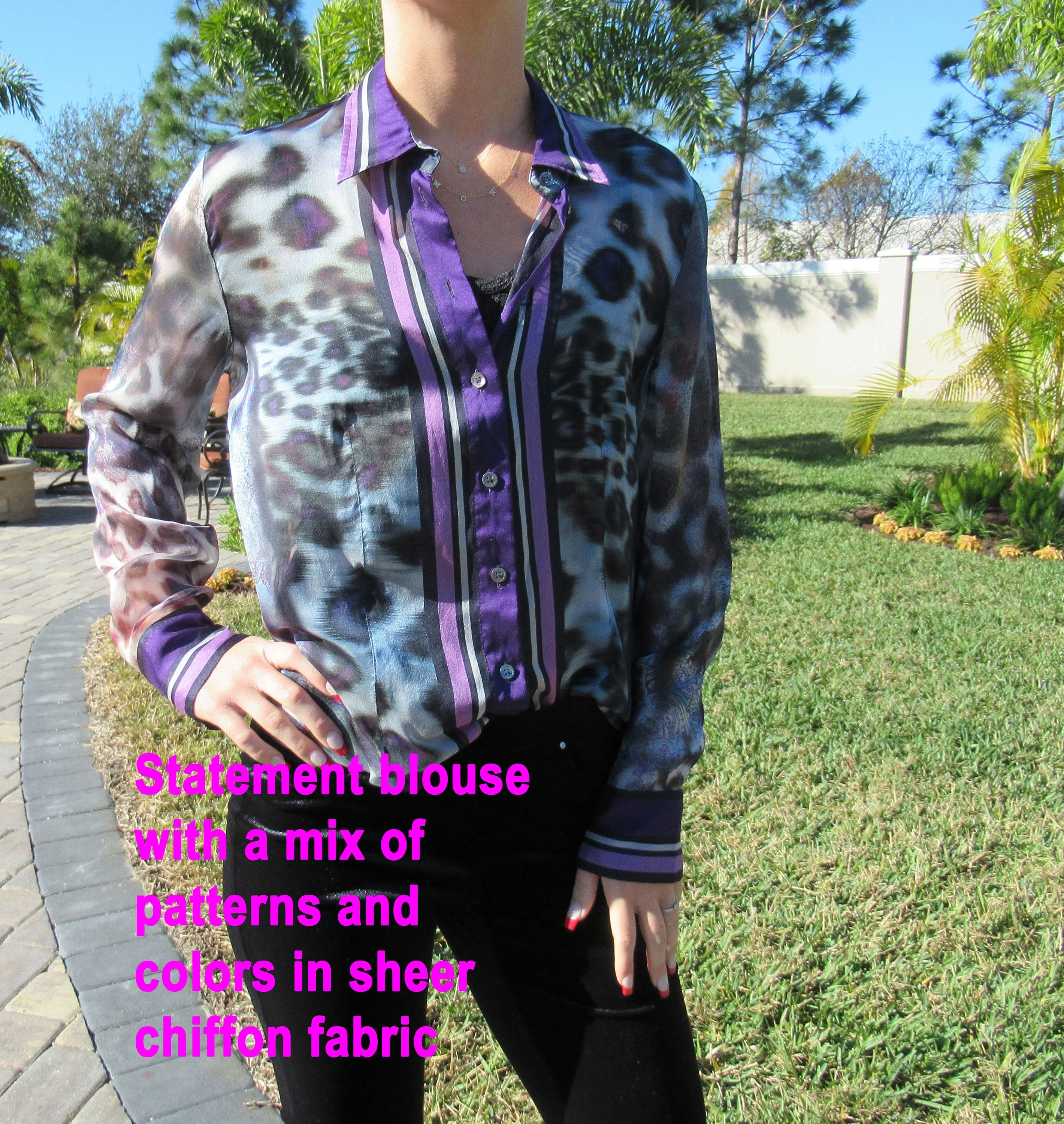 38 Bust Sheer Blouse Long Sleeve Chiffon Purple Lilac Black Animal Print Paisley Stripes Statement Vintage Collar by Bonnie & Norma - Image 2