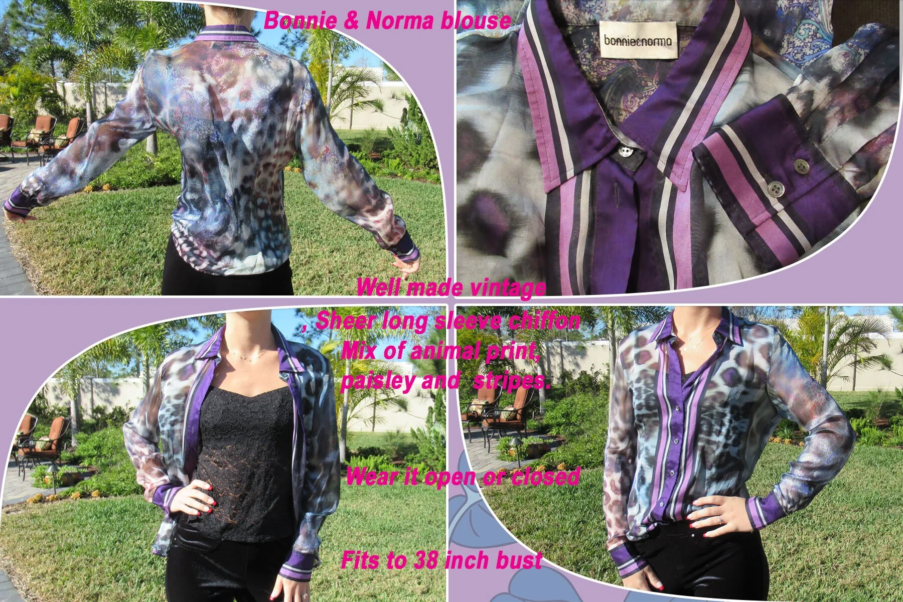 38 Bust Sheer Blouse Long Sleeve Chiffon Purple Lilac Black Animal Print Paisley Stripes Statement Vintage Collar by Bonnie & Norma - Image 3