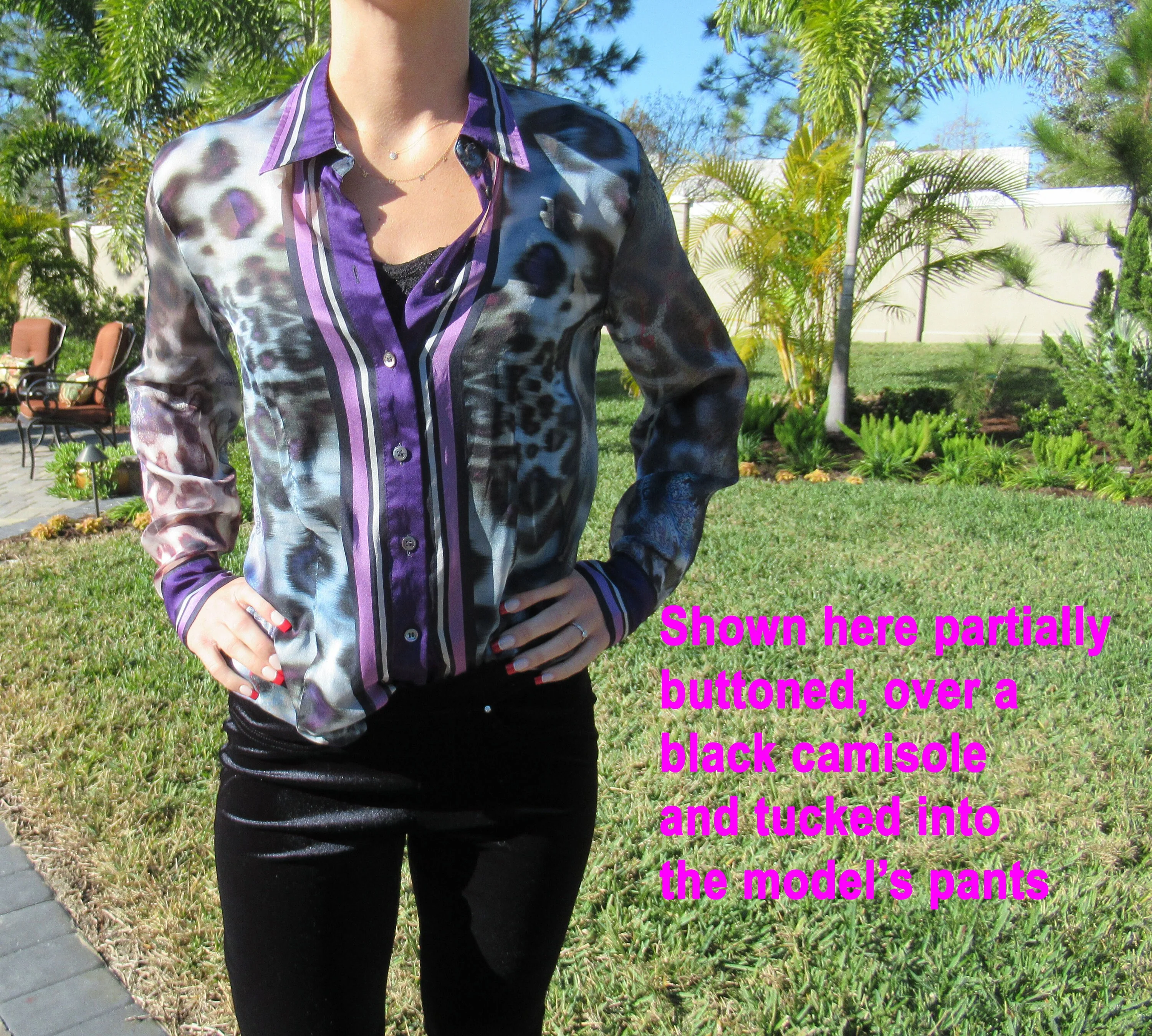 38 Bust Sheer Blouse Long Sleeve Chiffon Purple Lilac Black Animal Print Paisley Stripes Statement Vintage Collar by Bonnie & Norma - Image 4