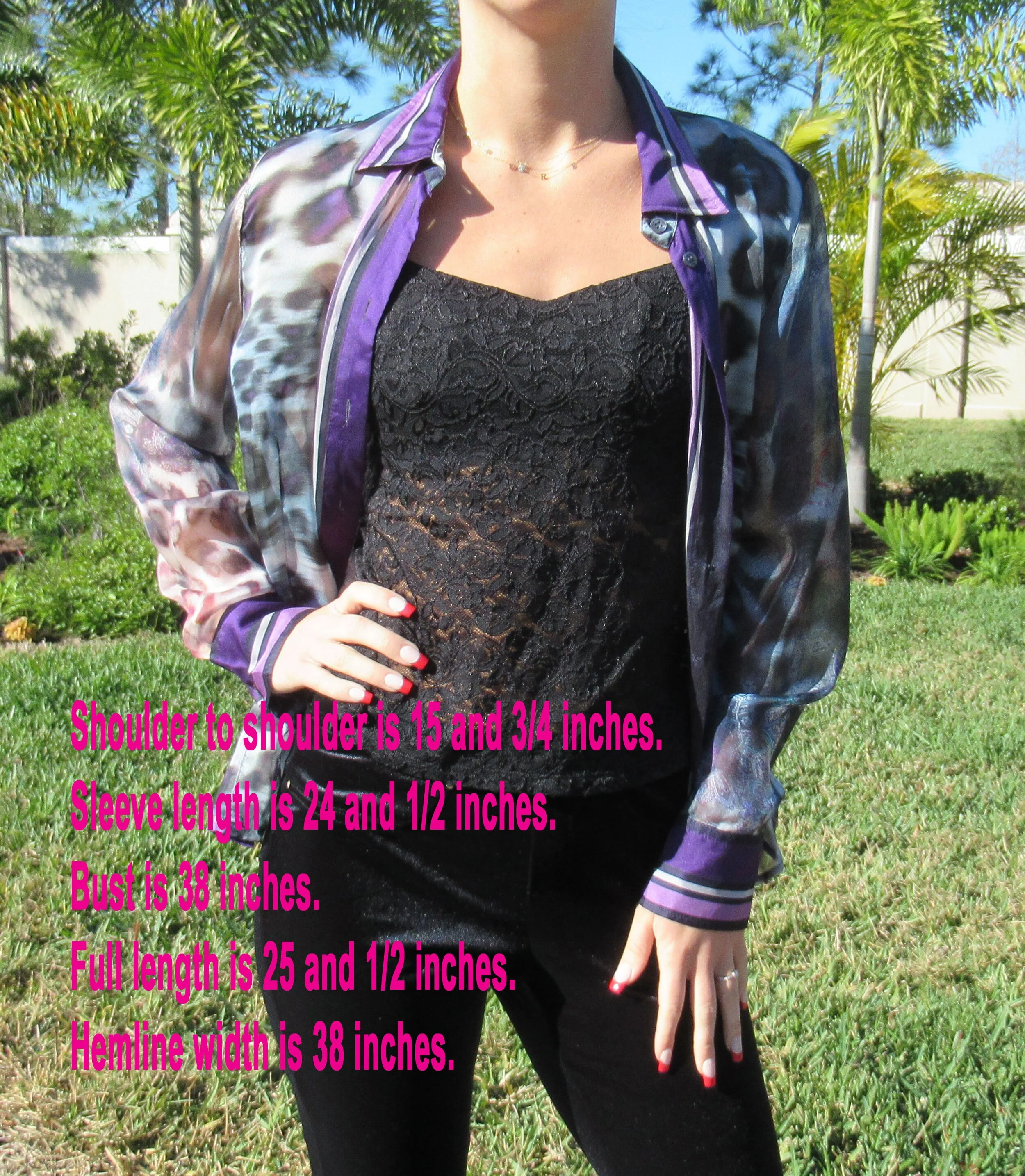 38 Bust Sheer Blouse Long Sleeve Chiffon Purple Lilac Black Animal Print Paisley Stripes Statement Vintage Collar by Bonnie & Norma - Image 6