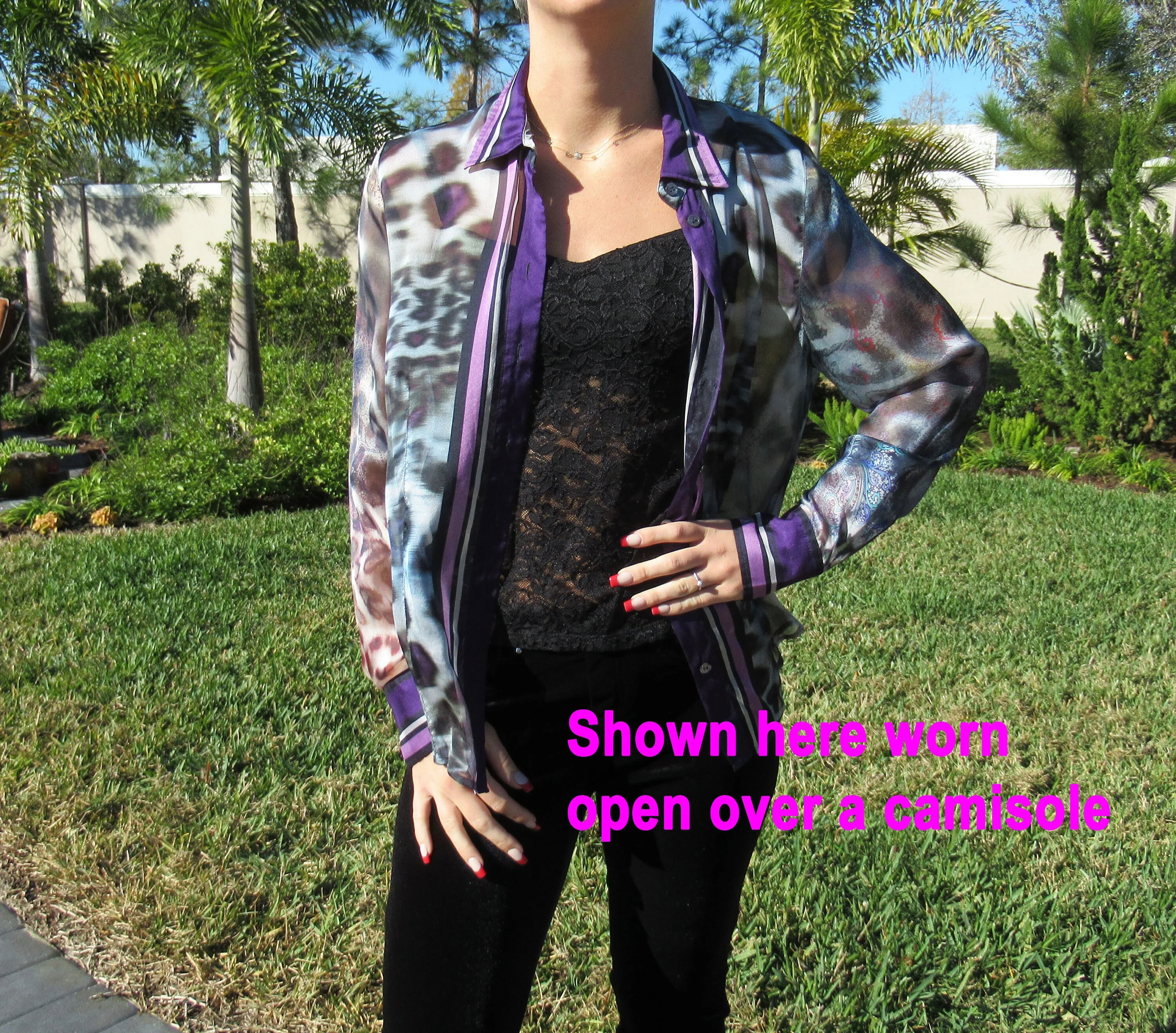 38 Bust Sheer Blouse Long Sleeve Chiffon Purple Lilac Black Animal Print Paisley Stripes Statement Vintage Collar by Bonnie & Norma - Image 8