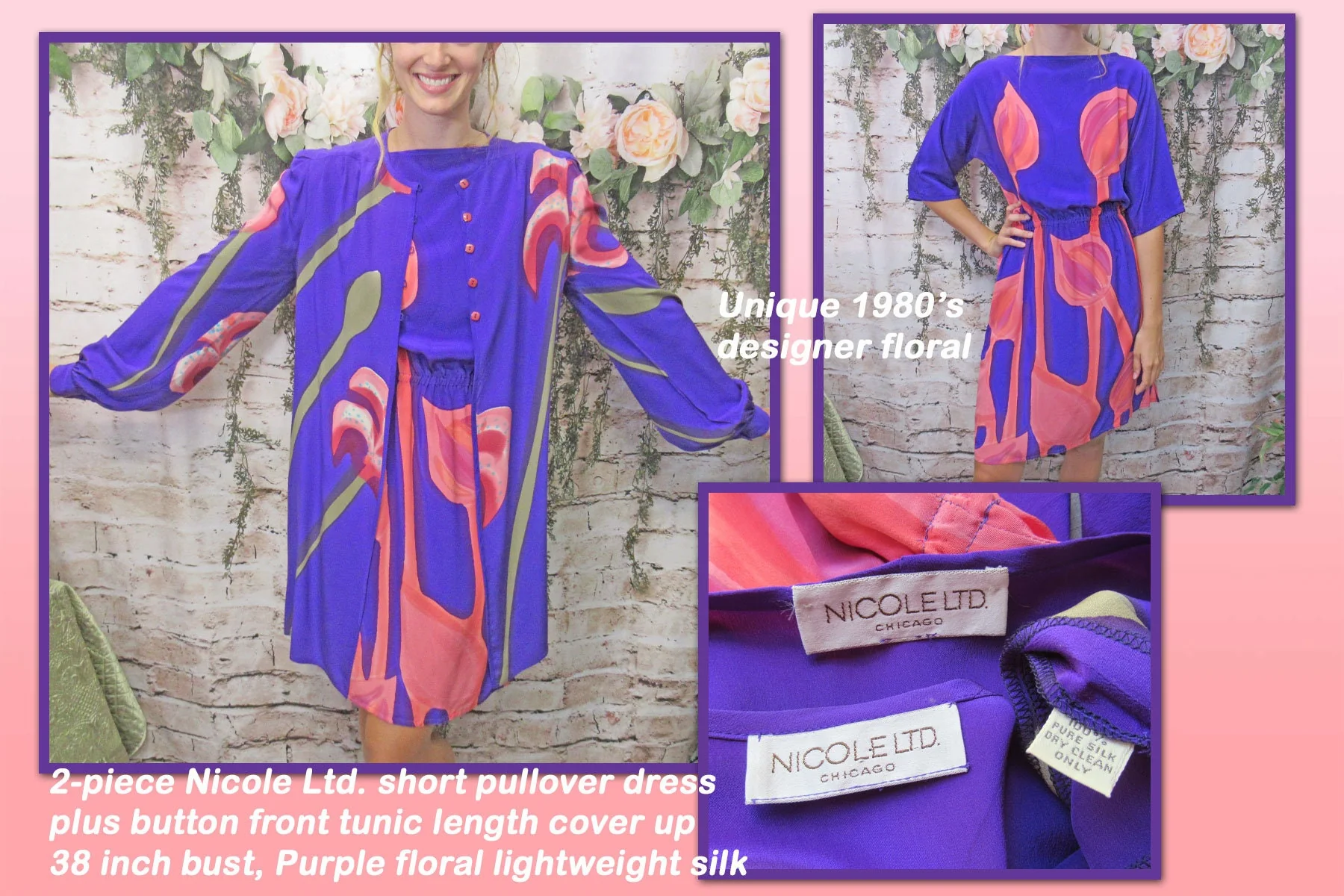 38 Bust Two Piece Set Dress and Button Front Tunic Length Cover Up Short Pullover Dress Purple Floral Light Silk Nico Ltd. Unique 80s - Image 2
