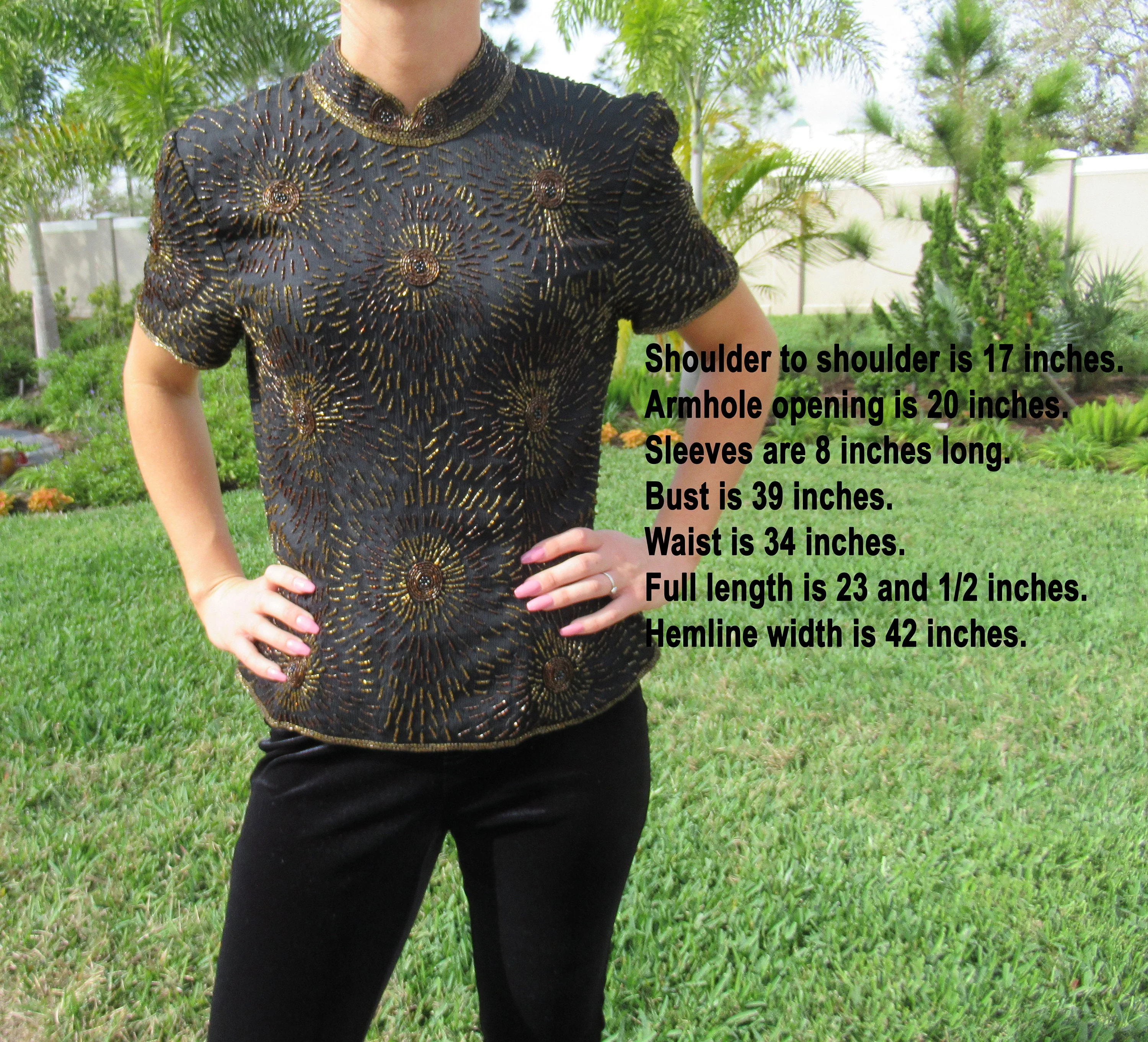 39 Bust Beaded Blouse Made In India, Stenay, Copper Beads On Black Silk, Lined with Black Polyester, Back Zip, Band-Collar, Short Sleeve - Image 2