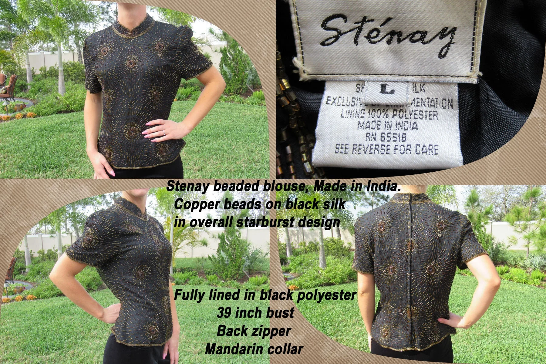 39 Bust Beaded Blouse Made In India, Stenay, Copper Beads On Black Silk, Lined with Black Polyester, Back Zip, Band-Collar, Short Sleeve - Image 3