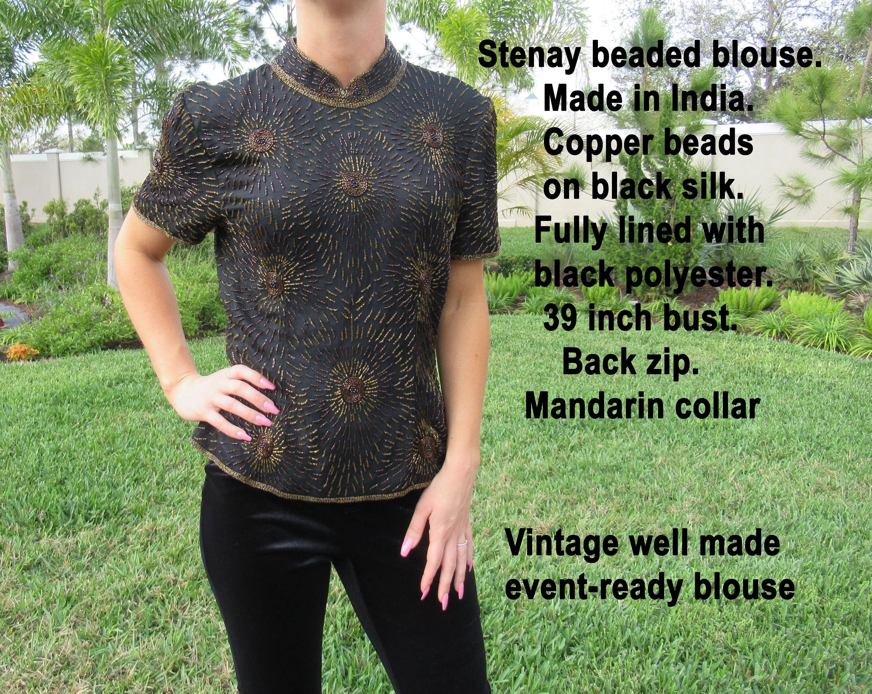 39 Bust Beaded Blouse Made In India, Stenay, Copper Beads On Black Silk, Lined with Black Polyester, Back Zip, Band-Collar, Short Sleeve - Image 5
